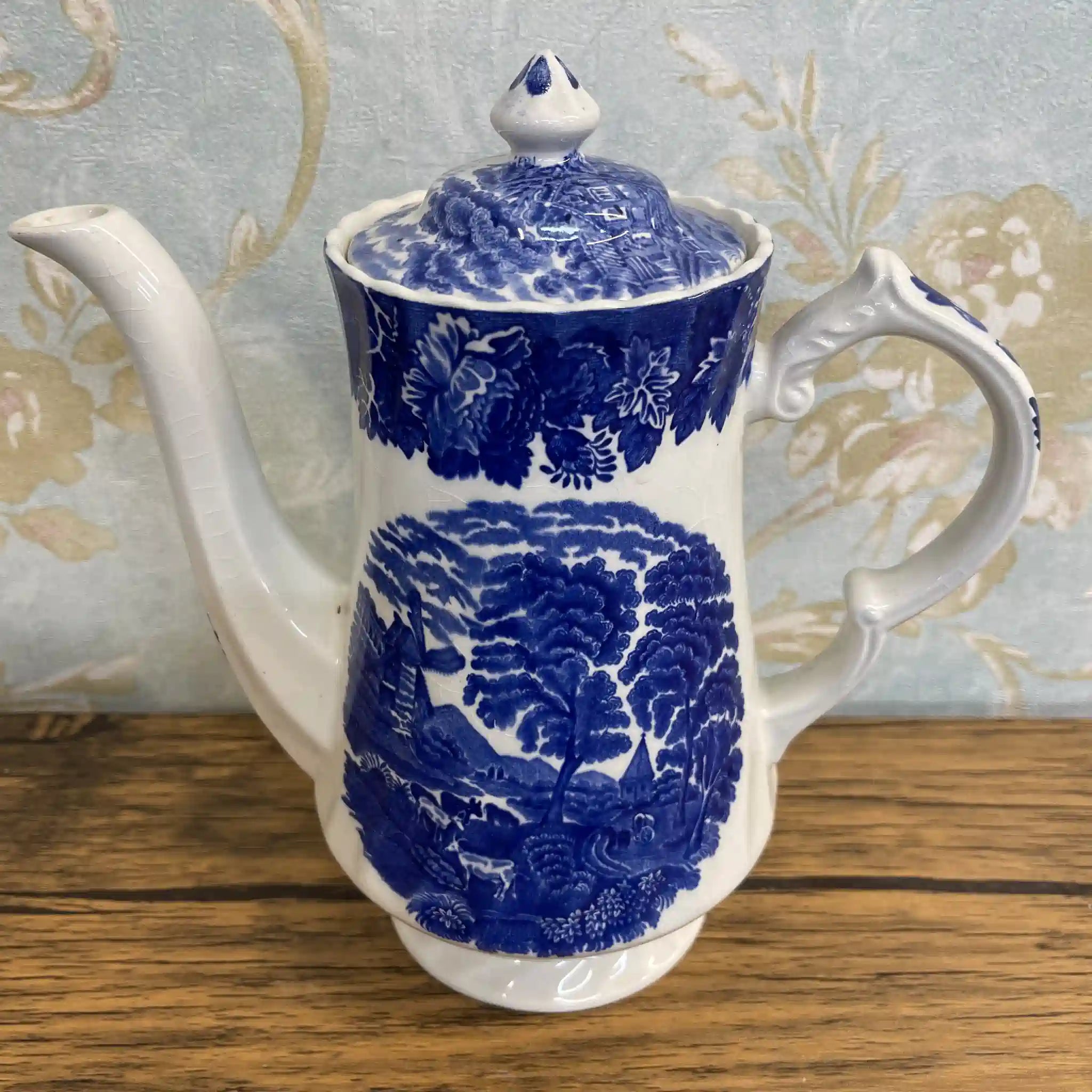 【ビンテージ】 コーヒーポット / Wood＆Sons (ウッド&サンズ) / English Scenery / 1940-1960年代 (推定) / アイアンストーン / イギリス / ブルー＆ホワイト, 銅版転写, 英国田園風景