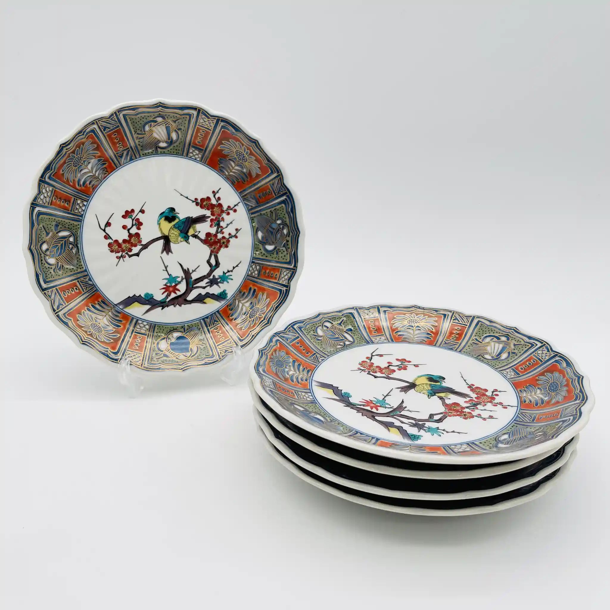 【リユース】 飾皿 5P / 九谷暁堂 / 花鳥 金彩 / 日本 / 箱付き