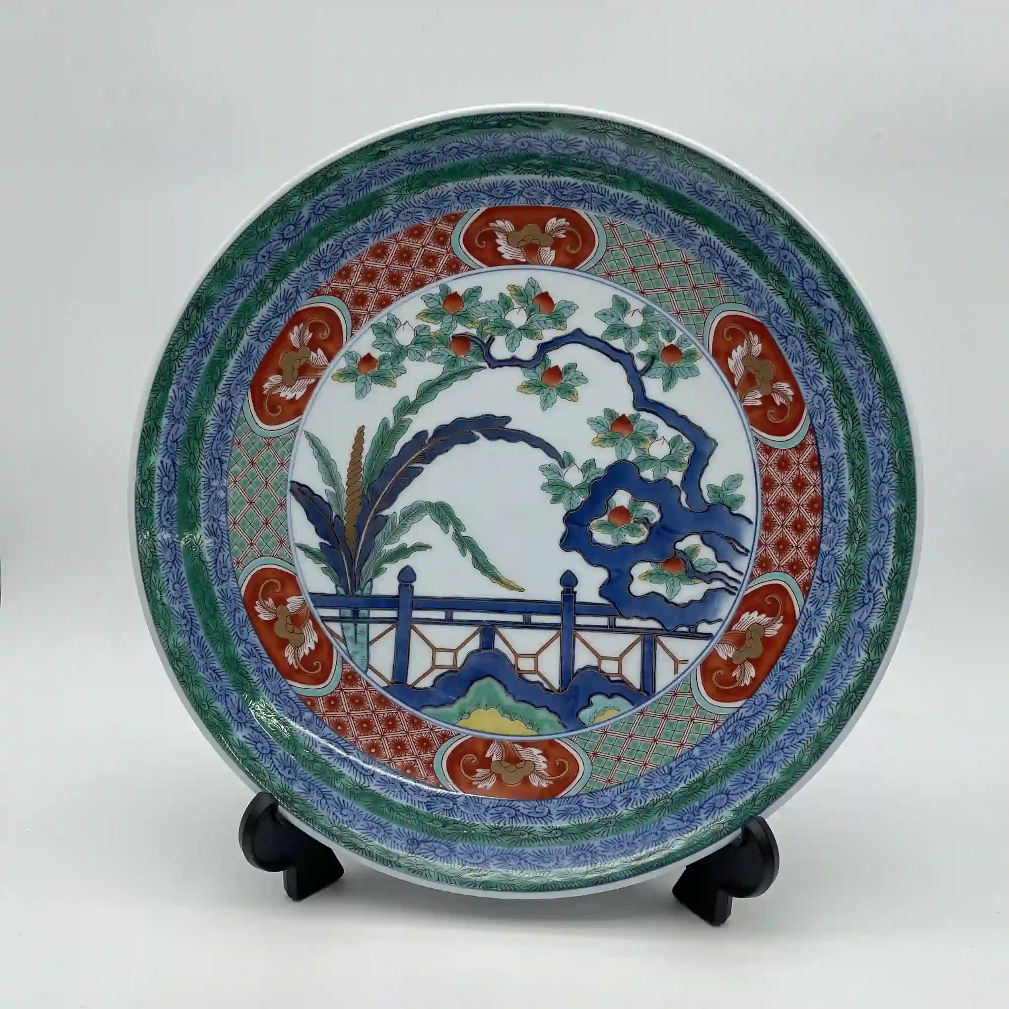 【骨董品】 飾皿 皿立て付 / 有田焼 / 松九寿門 綿桃花絵 / Bone China / 日本 / 未使用