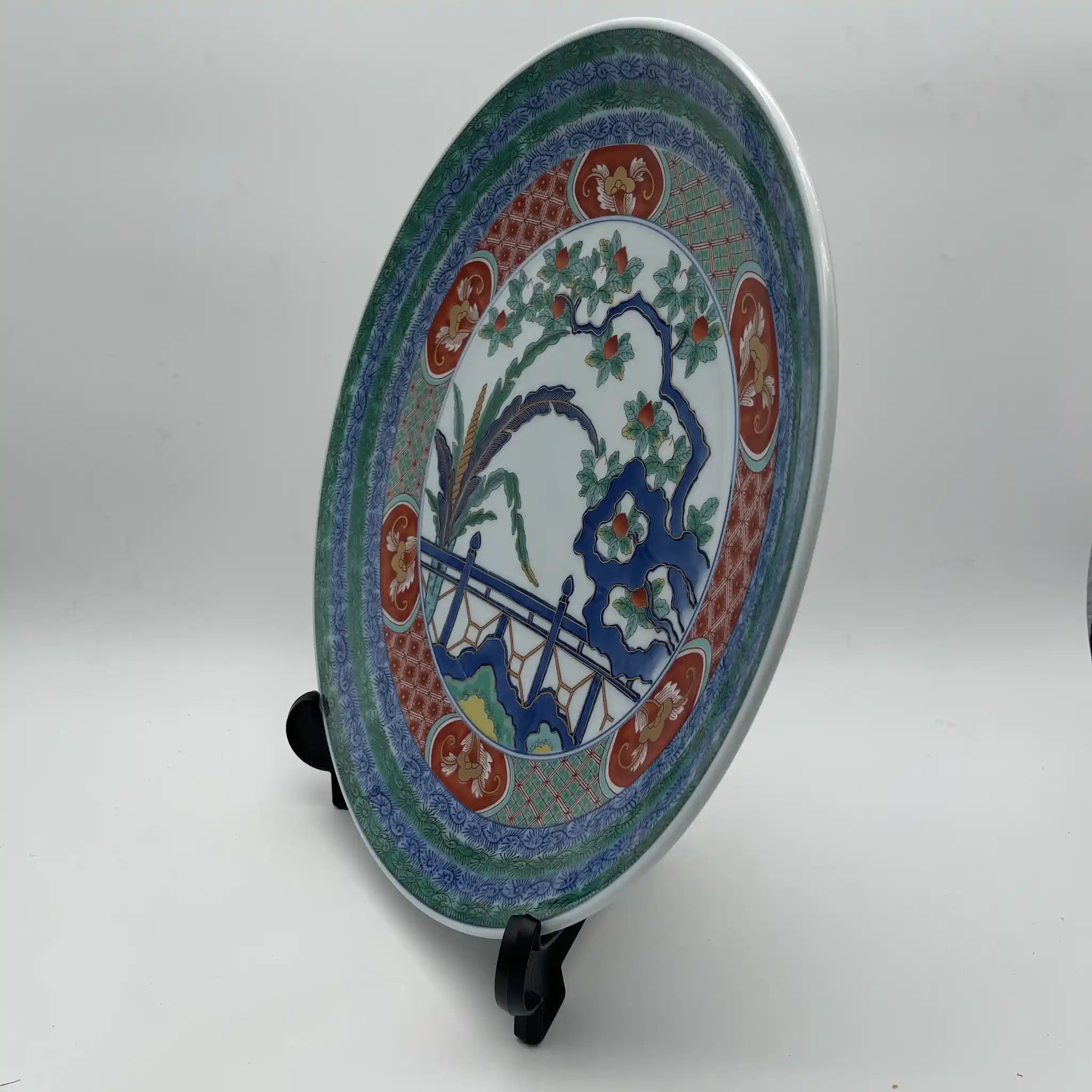 【骨董品】 飾皿 皿立て付 / 有田焼 / 松九寿門 綿桃花絵 / Bone China / 日本 / 未使用