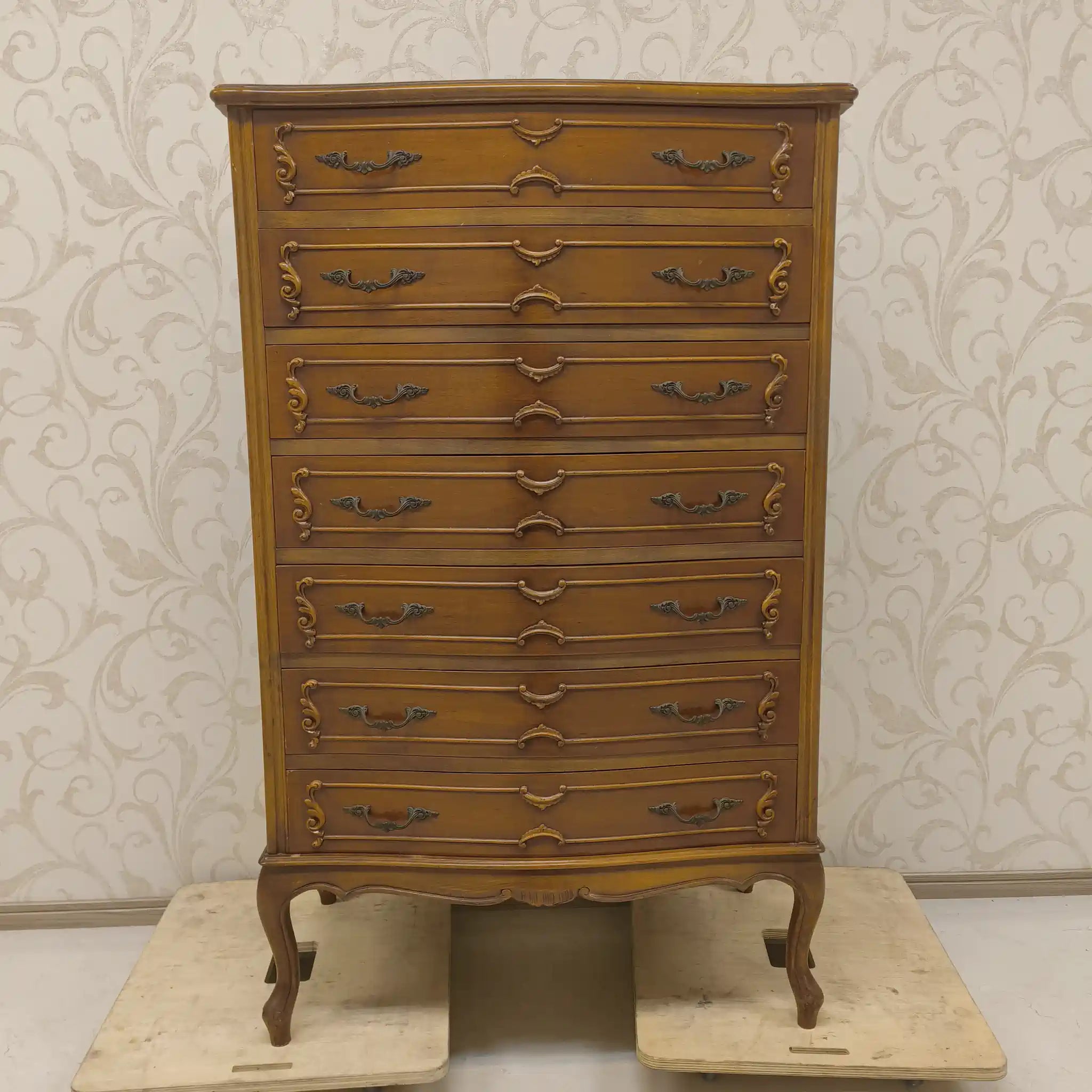 【ビンテージ】 チェスト / 天然木 / イタリア / イントラルシア（象嵌細工）,カブリオールレッグ(猫脚),セミナリエール（1週間チェスト）