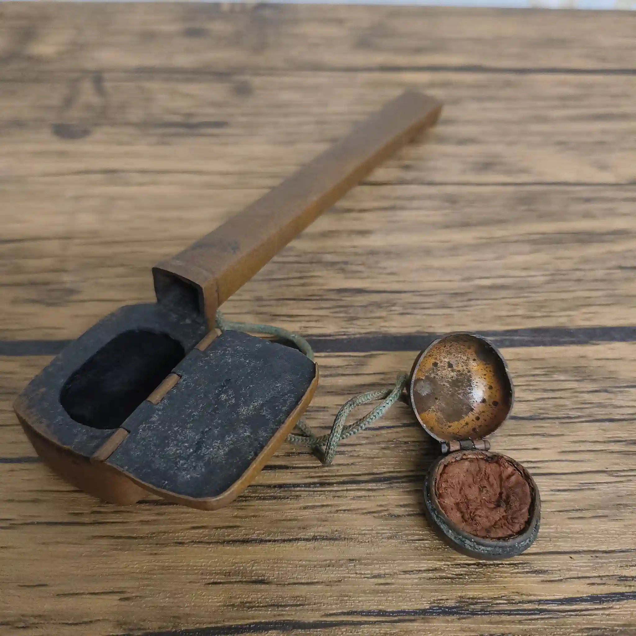 【骨董品】 矢立 (携帯筆記用具) / 江戸末期-明治 (推定) / 銅 / 日本 / 筆入れ, 墨壺