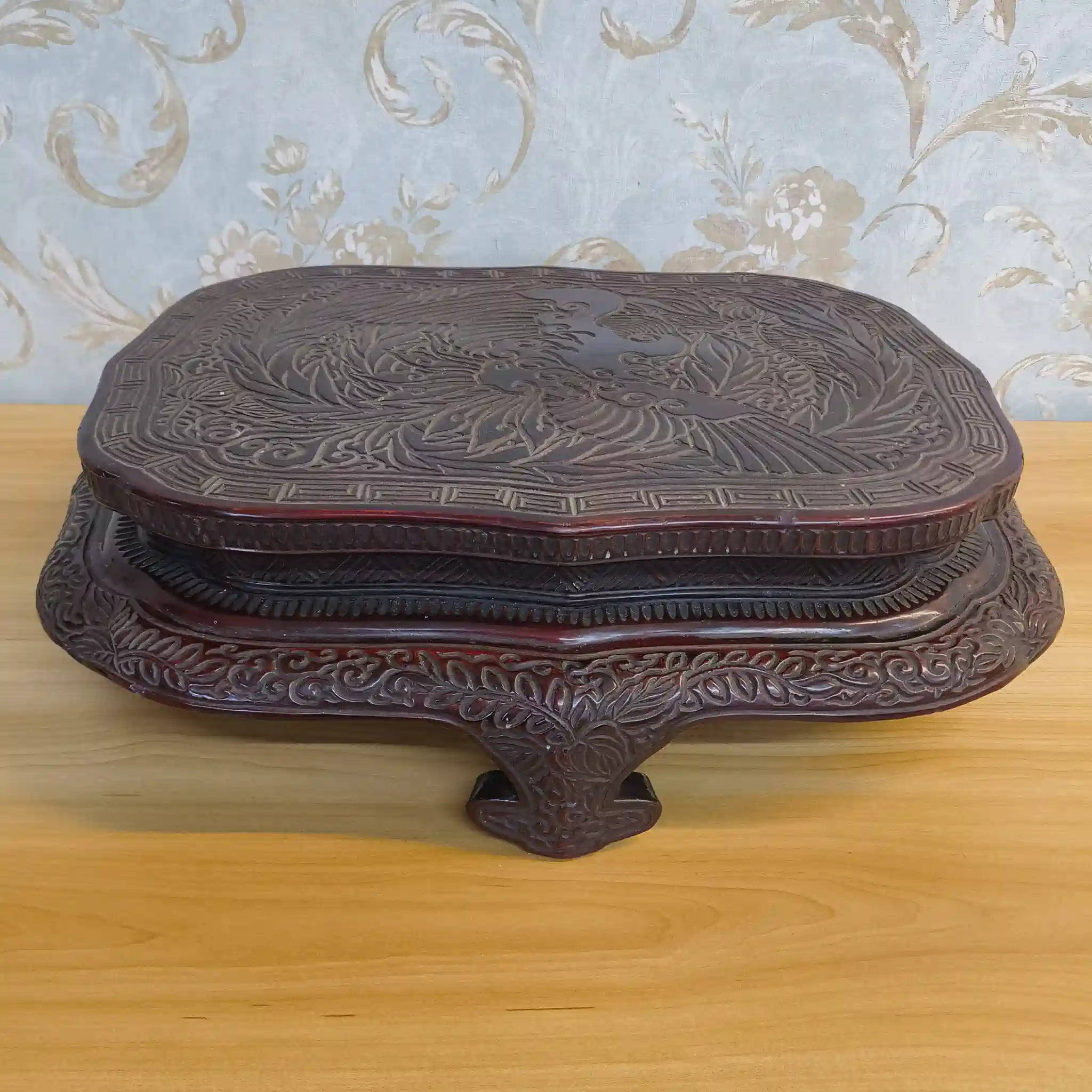 【ビンテージ】 飾り台 (花台) / 推定20C後期 / 天然木 / 中国 / 鳳凰, 雷文