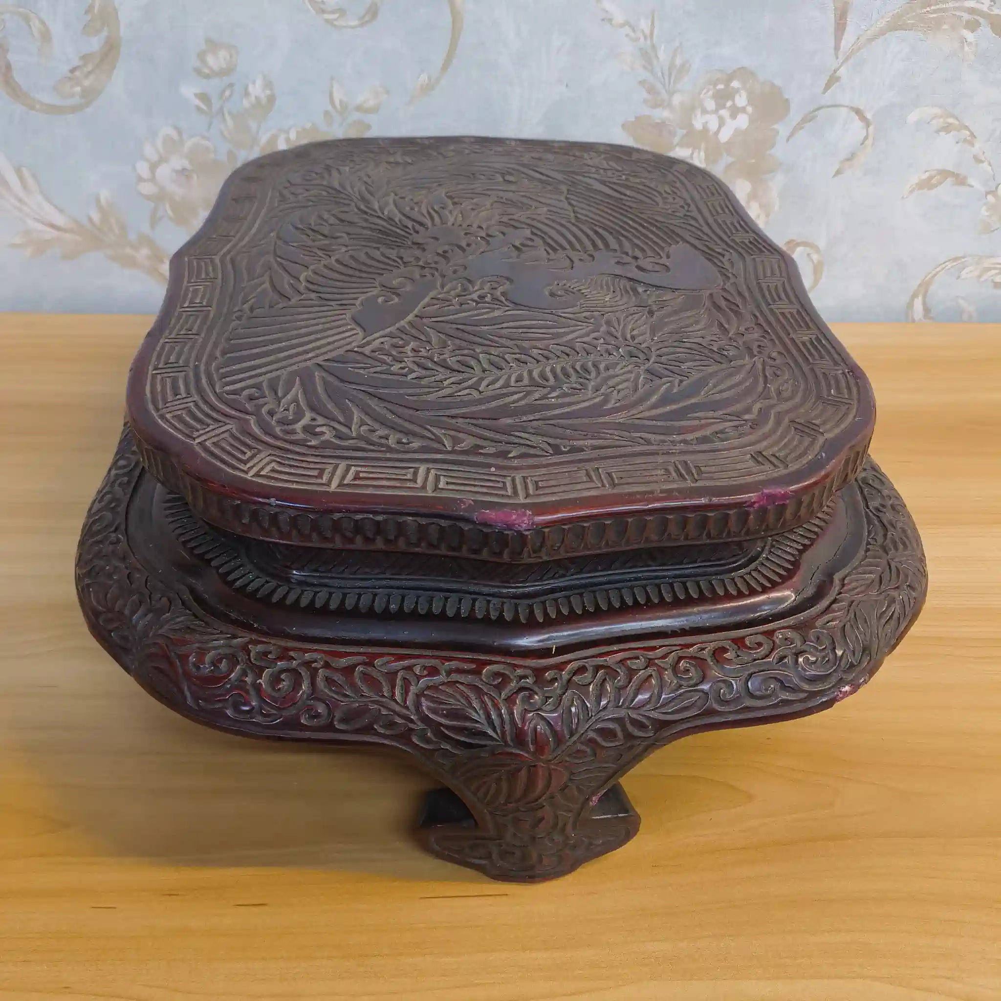 【ビンテージ】 飾り台 (花台) / 推定20C後期 / 天然木 / 中国 / 鳳凰, 雷文