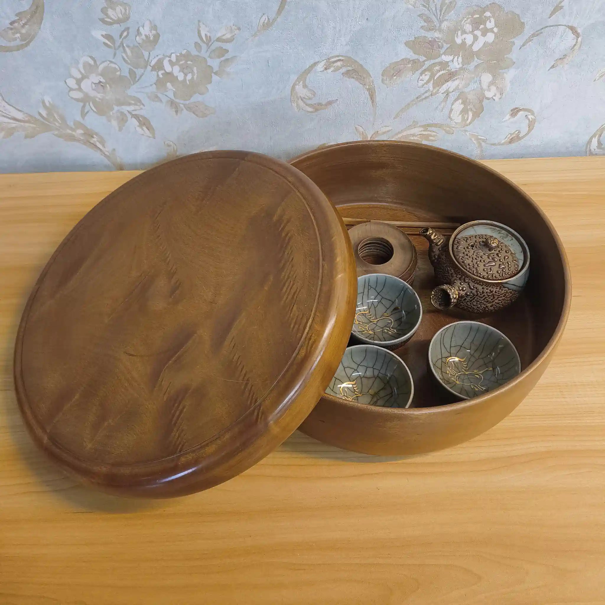 【ビンテージ】 茶器揃 (茶櫃, 急須, 湯呑5P, 茶托5P, 茶杓) / 大堀相馬焼 / 推定1960-80s / 陶器 / 日本 / 走り駒