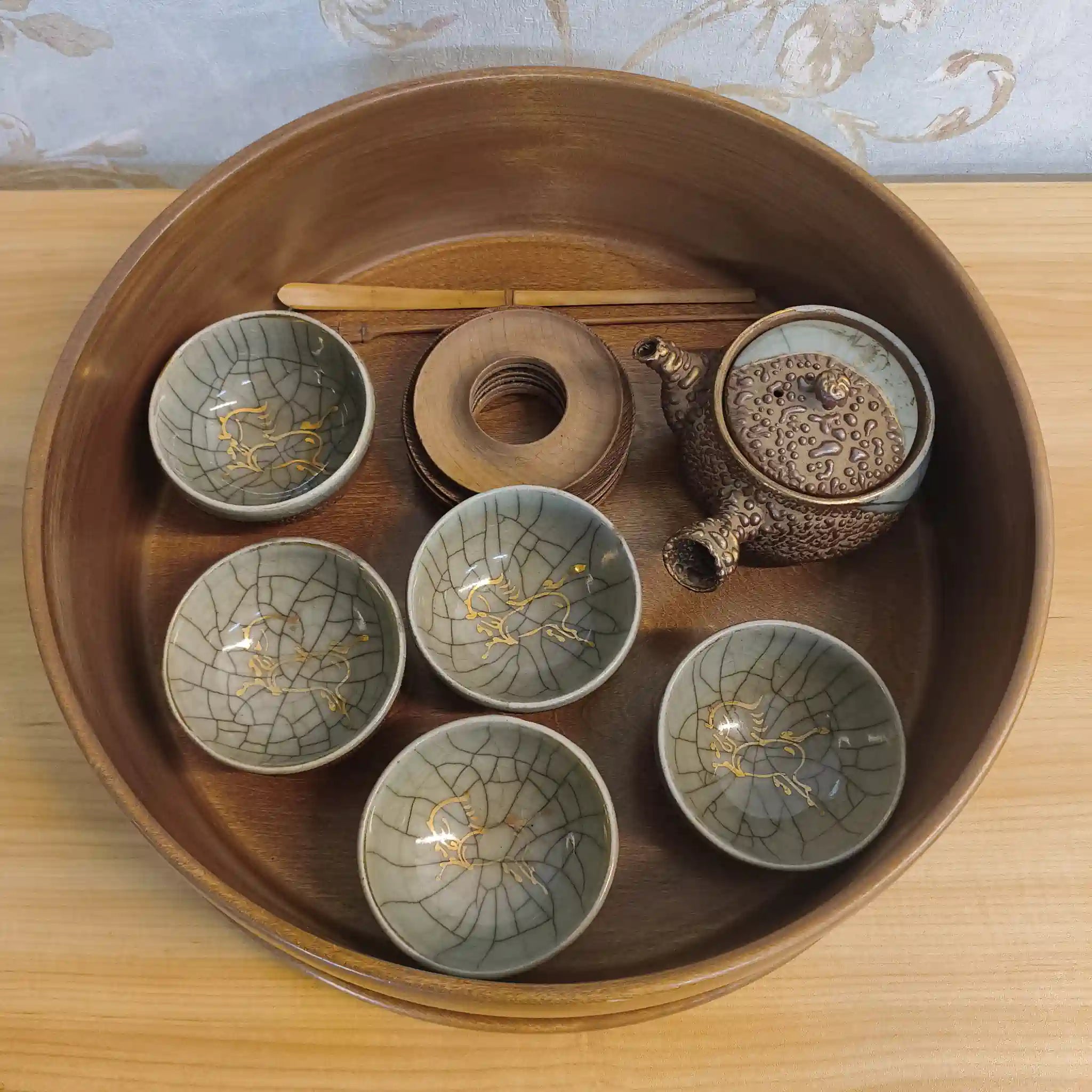 【ビンテージ】 茶器揃 (茶櫃, 急須, 湯呑5P, 茶托5P, 茶杓) / 大堀相馬焼 / 推定1960-80s / 陶器 / 日本 / 走り駒