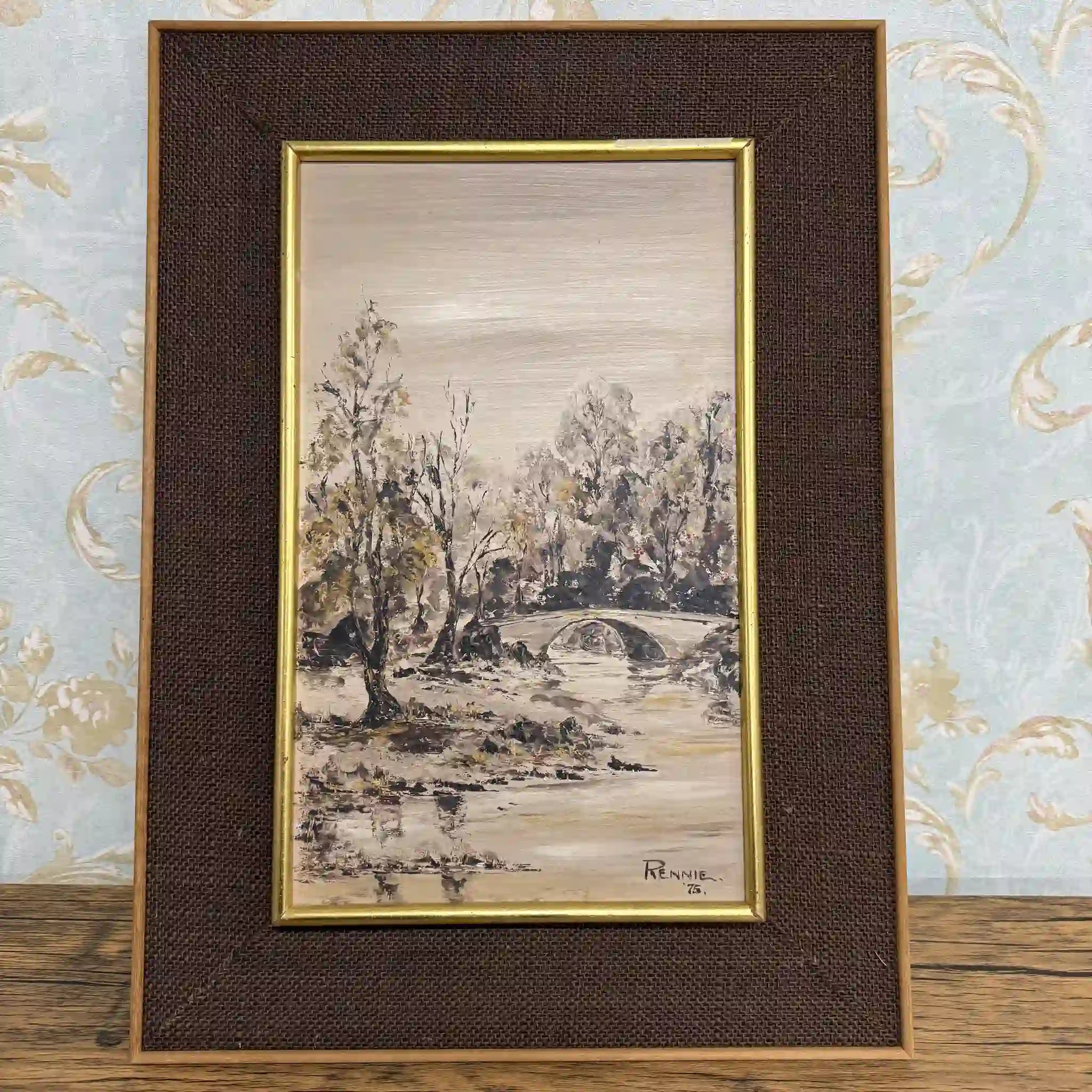 【ビンテージ】 油彩画 / F. E. Reynolds / 「The Upper Rother」 / 1975年 / キャンバス / イギリス / インパスト, ヘッセンマット, ゴールドフィニッシュ