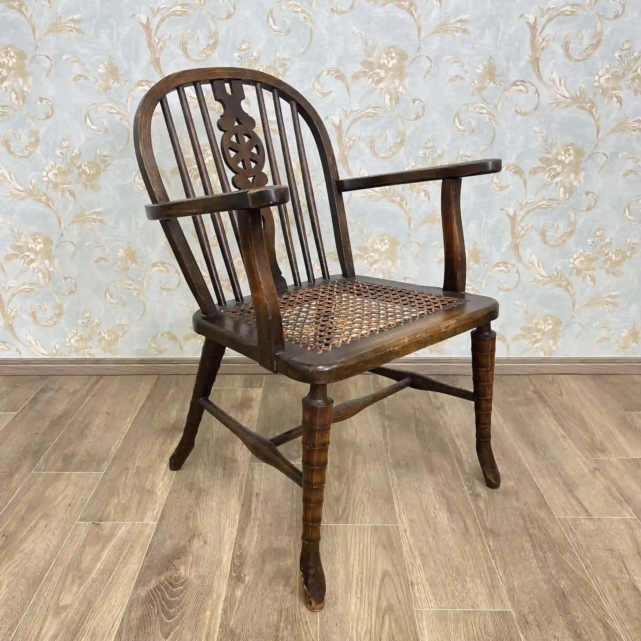【アンティーク】 ウィンザーチェア / ヴィクトリアン様式 / イギリス / 籐座面,旋盤加工,スピンドルバック