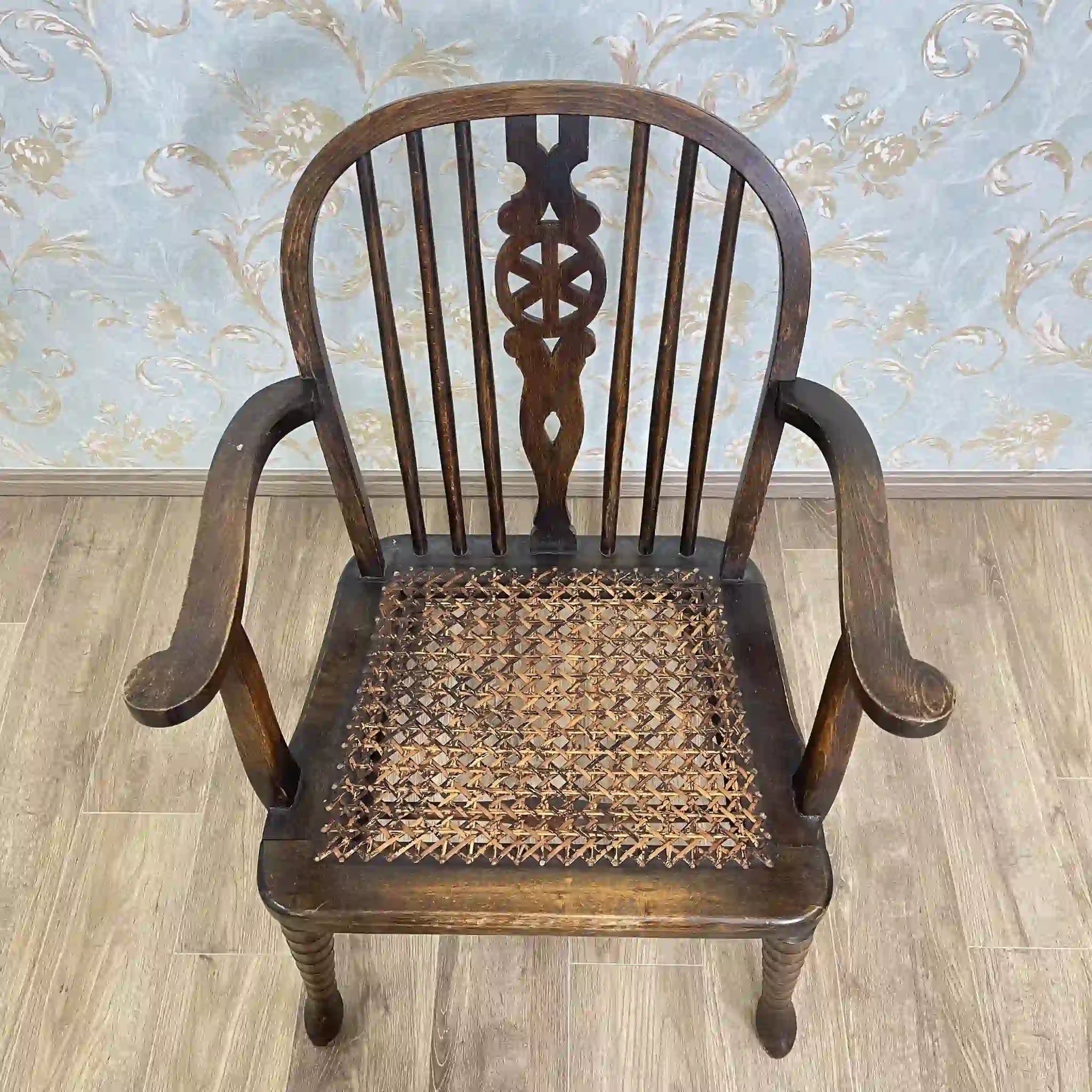 【アンティーク】 ウィンザーチェア / ヴィクトリアン様式 / イギリス / 籐座面,旋盤加工,スピンドルバック