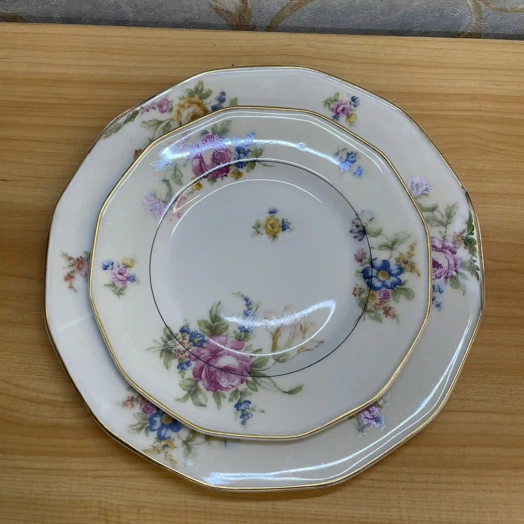 【アンティーク】 ディナープレート&デザートプレート2P / Theodore Haviland (セオドア・アビランド) / Nosegay / 推定20C前中期 / 磁器 / フランス / ブーケ, 金彩