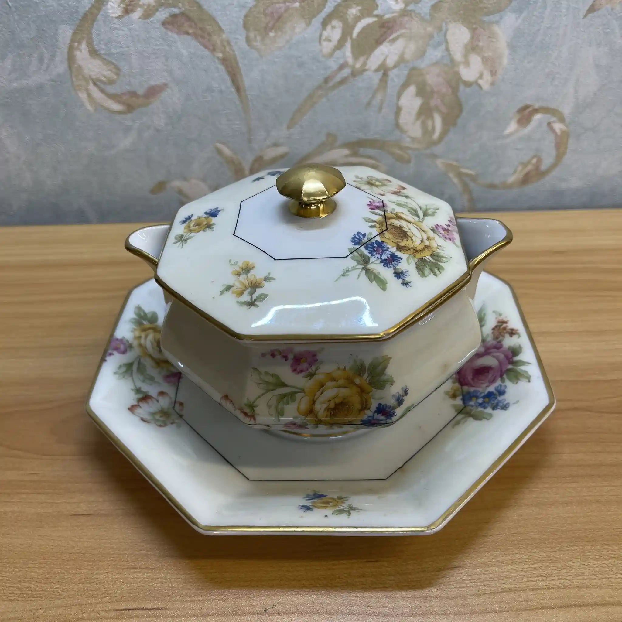 【アンティーク】 グレービーボート (ソーシエール/ソースボート) / Theodore Haviland (セオドア・アビランド) / Nosegay / 推定20C前中期 / 磁器 / フランス / ブーケ, 金彩, 八角形