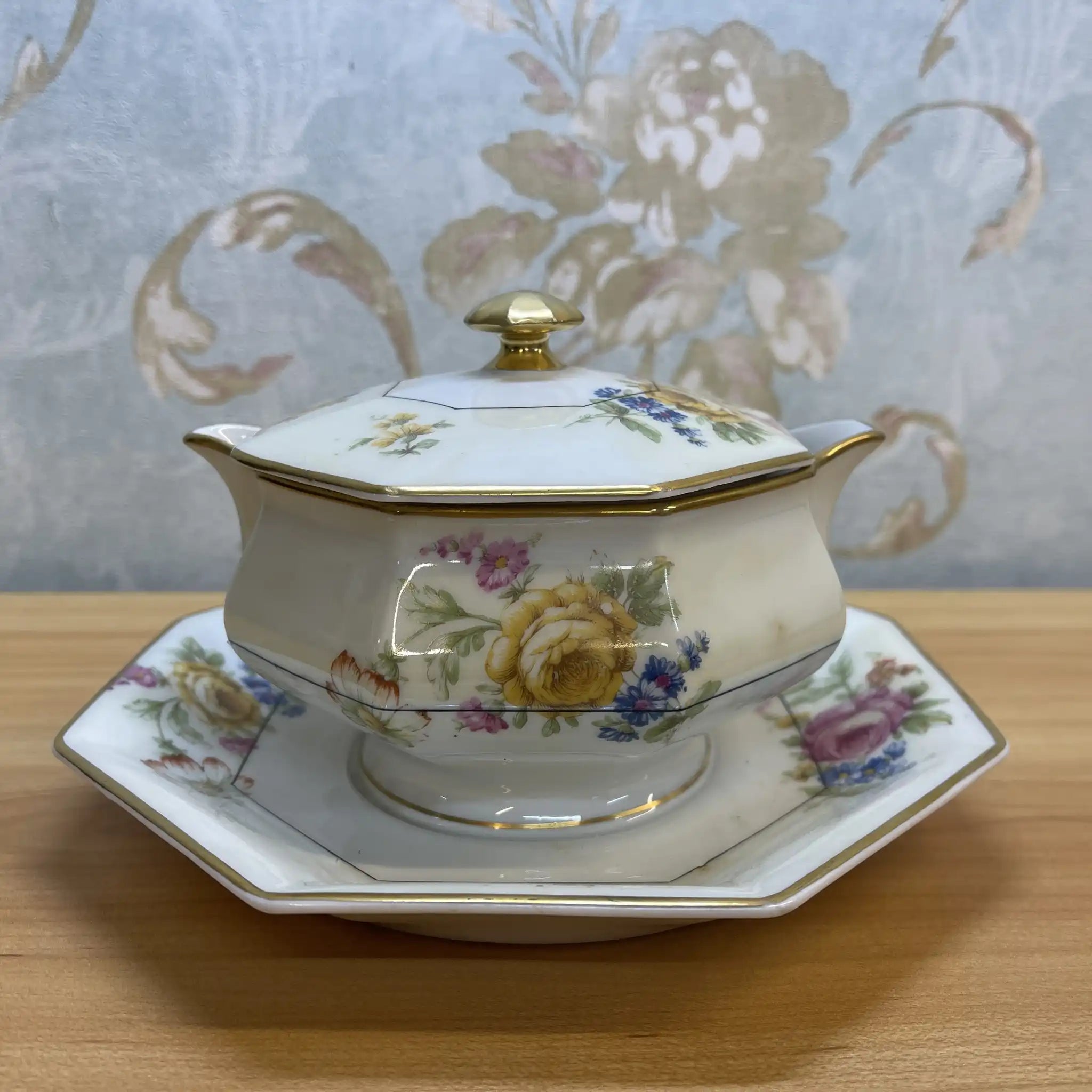 【アンティーク】 グレービーボート (ソーシエール/ソースボート) / Theodore Haviland (セオドア・アビランド) / Nosegay / 推定20C前中期 / 磁器 / フランス / ブーケ, 金彩, 八角形