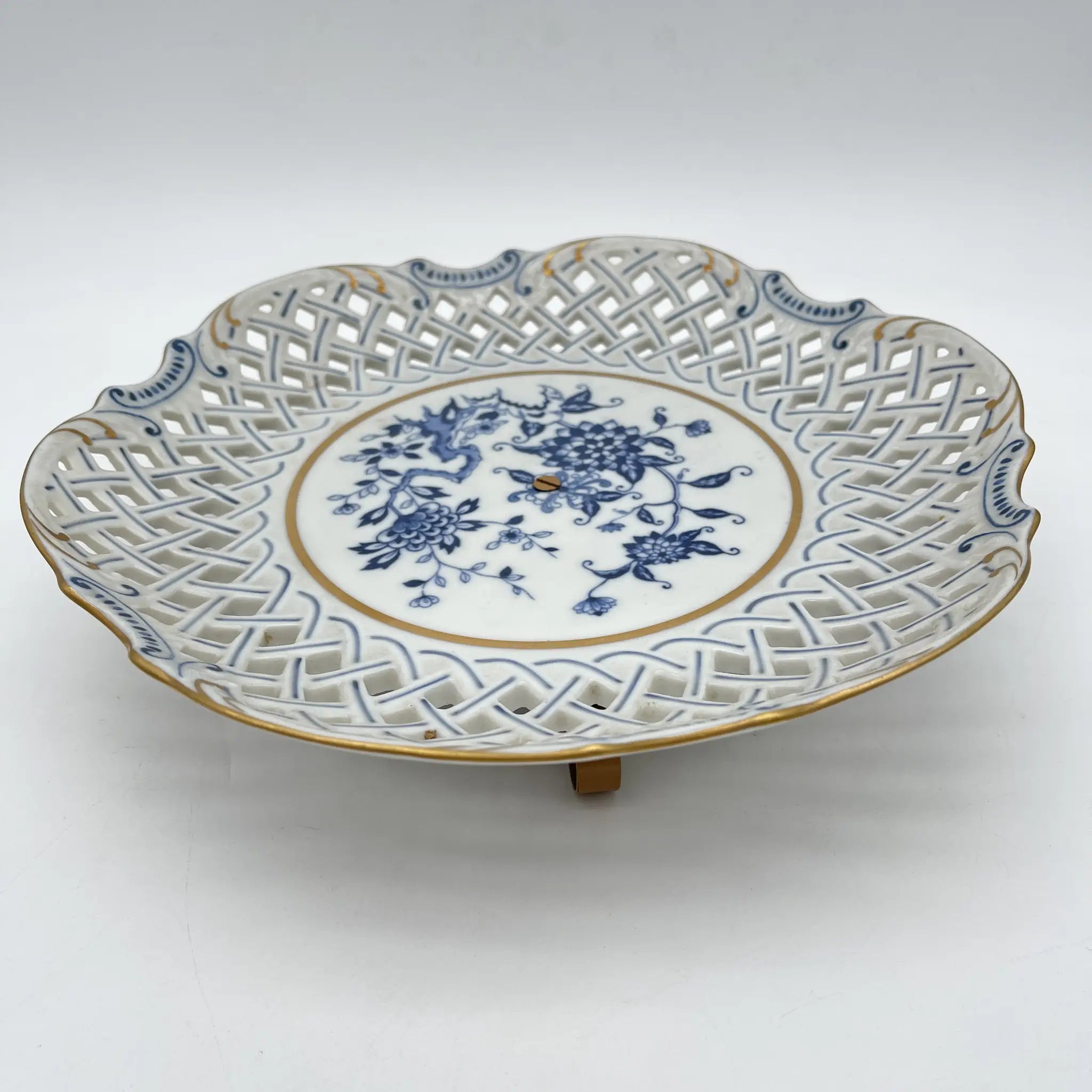 [Vintage] Compote / Seei Pottery / Estimated 1960-70s / Fine China / Japan / With metal stand, lattice work, peony pattern