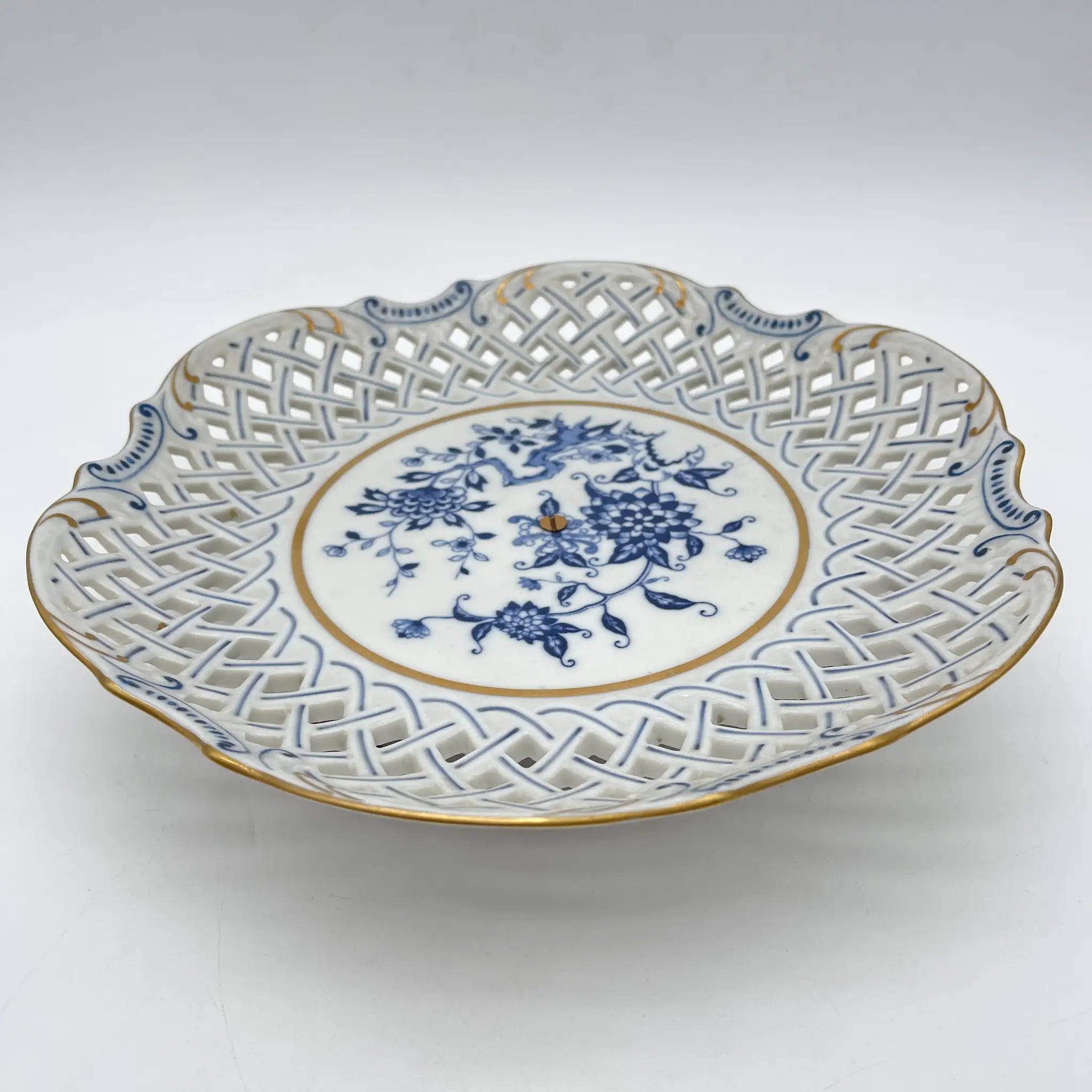 [Vintage] Compote / Seei Pottery / Estimated 1960-70s / Fine China / Japan / With metal stand, lattice work, peony pattern