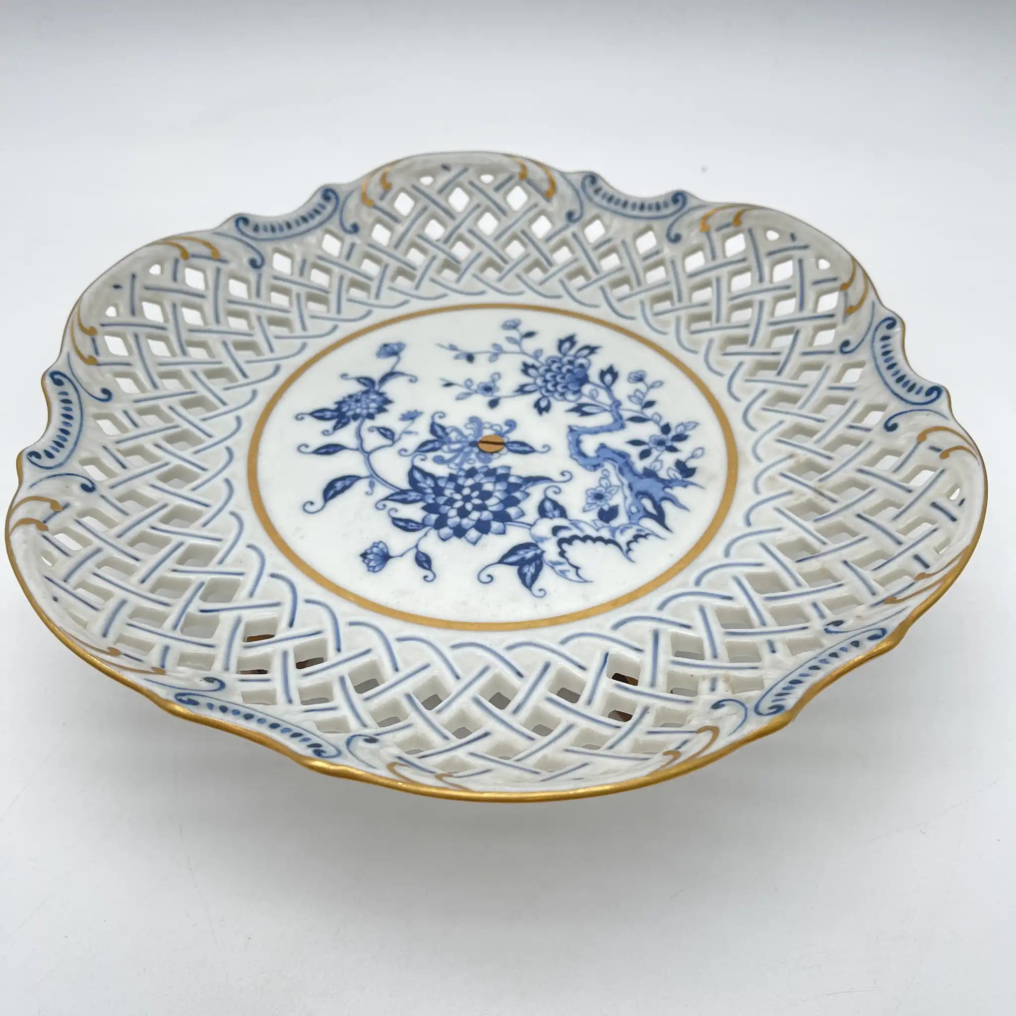 [Vintage] Compote / Seei Pottery / Estimated 1960-70s / Fine China / Japan / With metal stand, lattice work, peony pattern