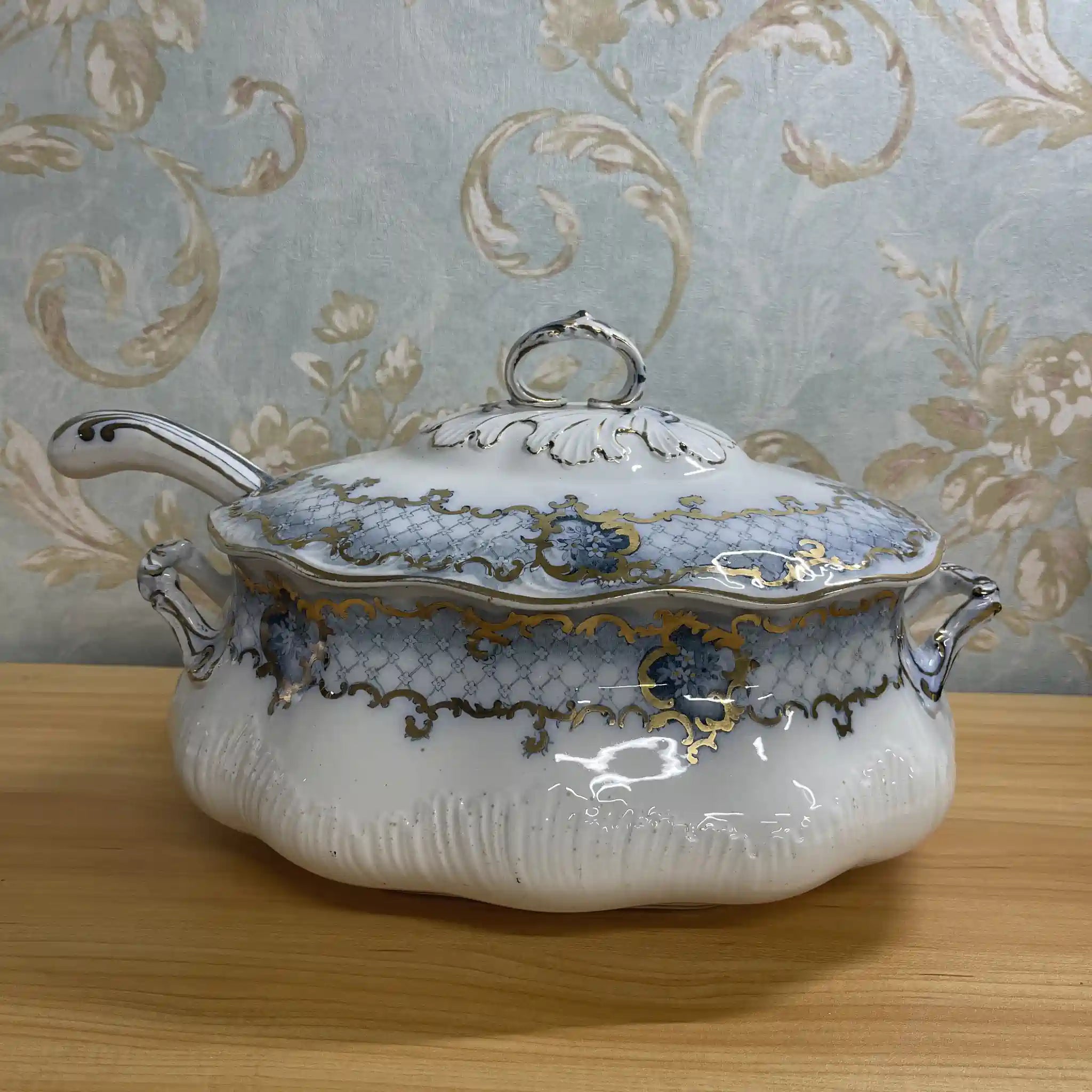 【アンティーク】 スープチューリン+レードル / Furnivals / Venice / 推定1900前後 / 陶器 / イギリス / ロカイユ, スクロール, ラティスワーク