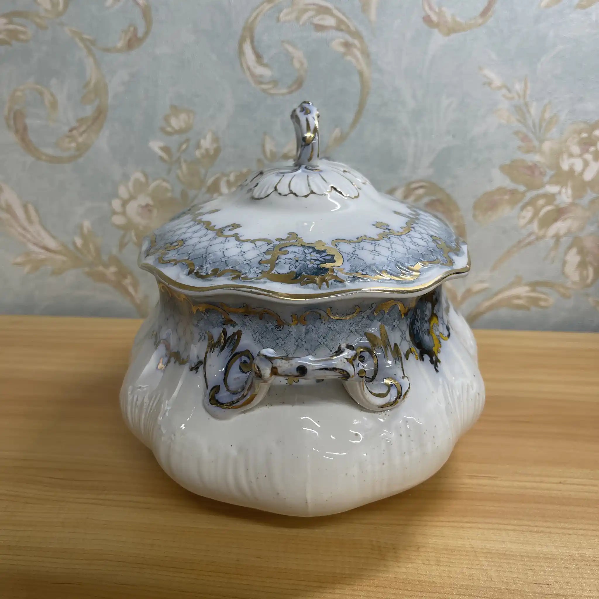 【アンティーク】 スープチューリン+レードル / Furnivals / Venice / 推定1900前後 / 陶器 / イギリス / ロカイユ, スクロール, ラティスワーク