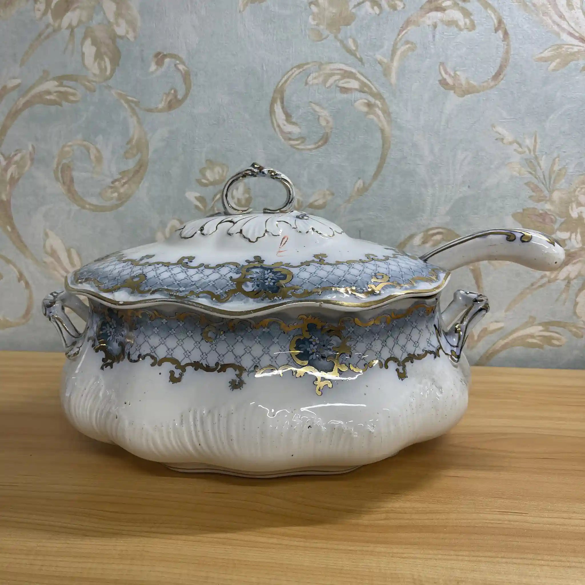 【アンティーク】 スープチューリン+レードル / Furnivals / Venice / 推定1900前後 / 陶器 / イギリス / ロカイユ, スクロール, ラティスワーク
