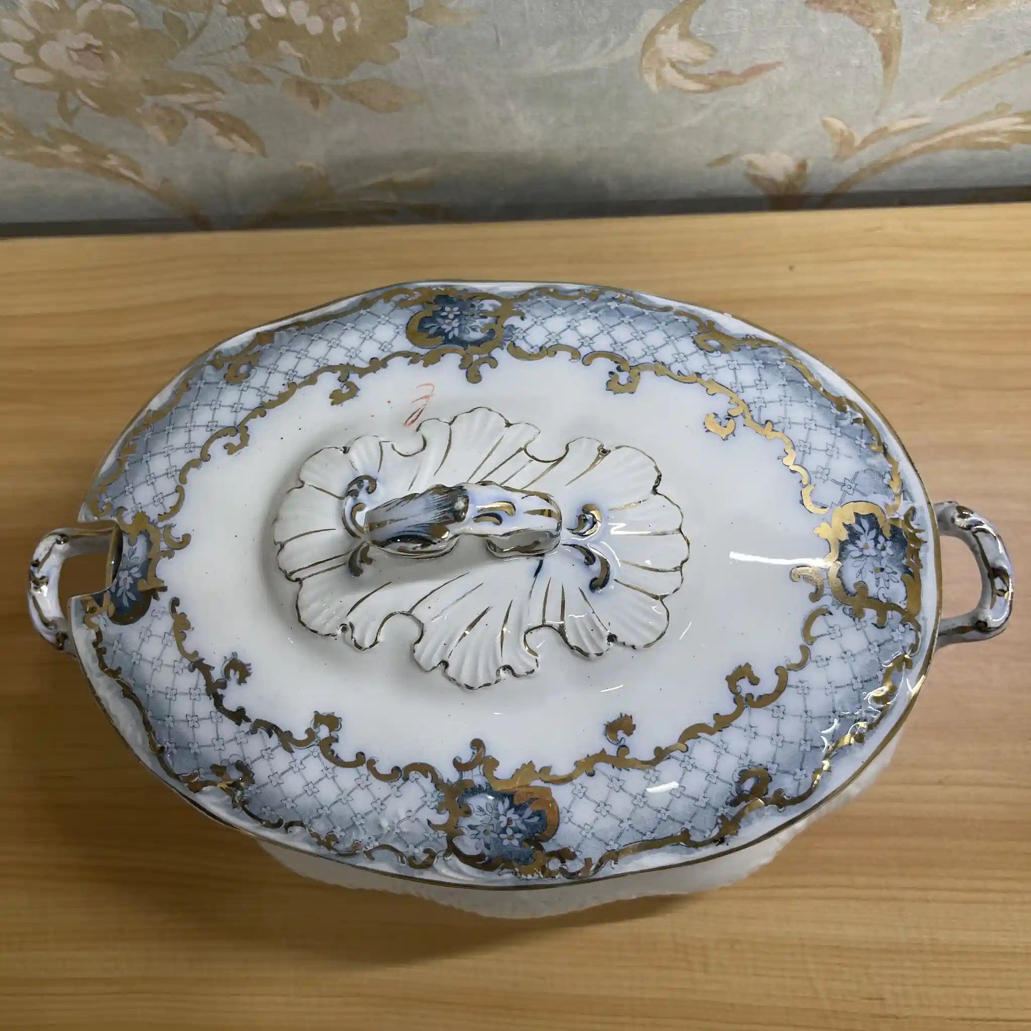 【アンティーク】 スープチューリン+レードル / Furnivals / Venice / 推定1900前後 / 陶器 / イギリス / ロカイユ, スクロール, ラティスワーク