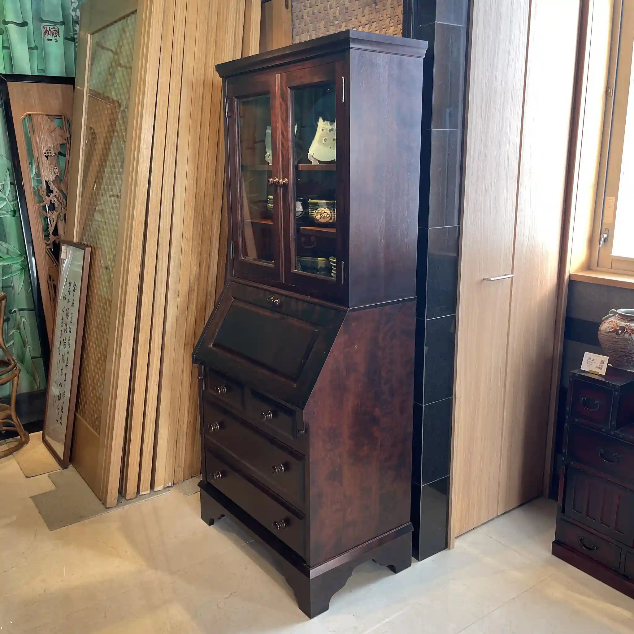 【リユース】 ライティングデスク 書棚付き / 北海道民芸家具 / 木製 / 日本