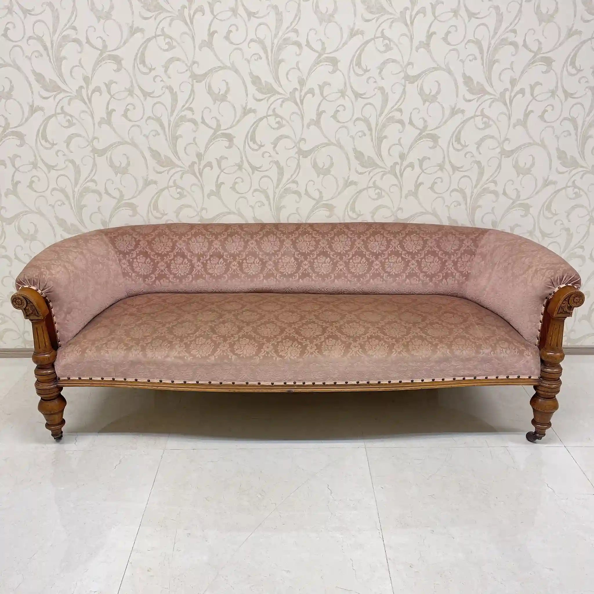 【アンティーク】 ロングソファ / ろくろ脚,彫刻,ダマスク織
