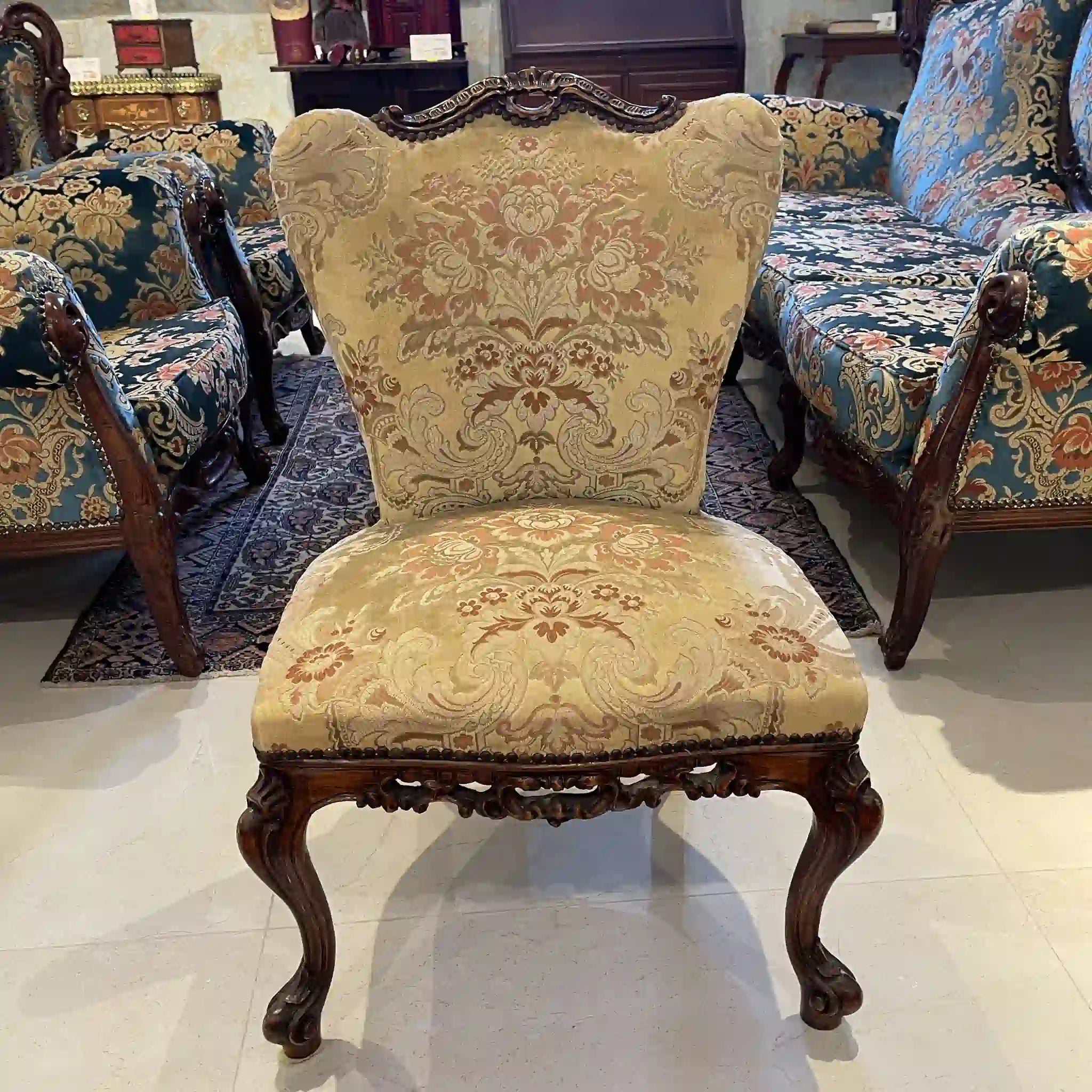 【リユース】 ソファセット / 天然木 / イタリア / アンティーク調,ロココ様式ハンドカービング,金華山織