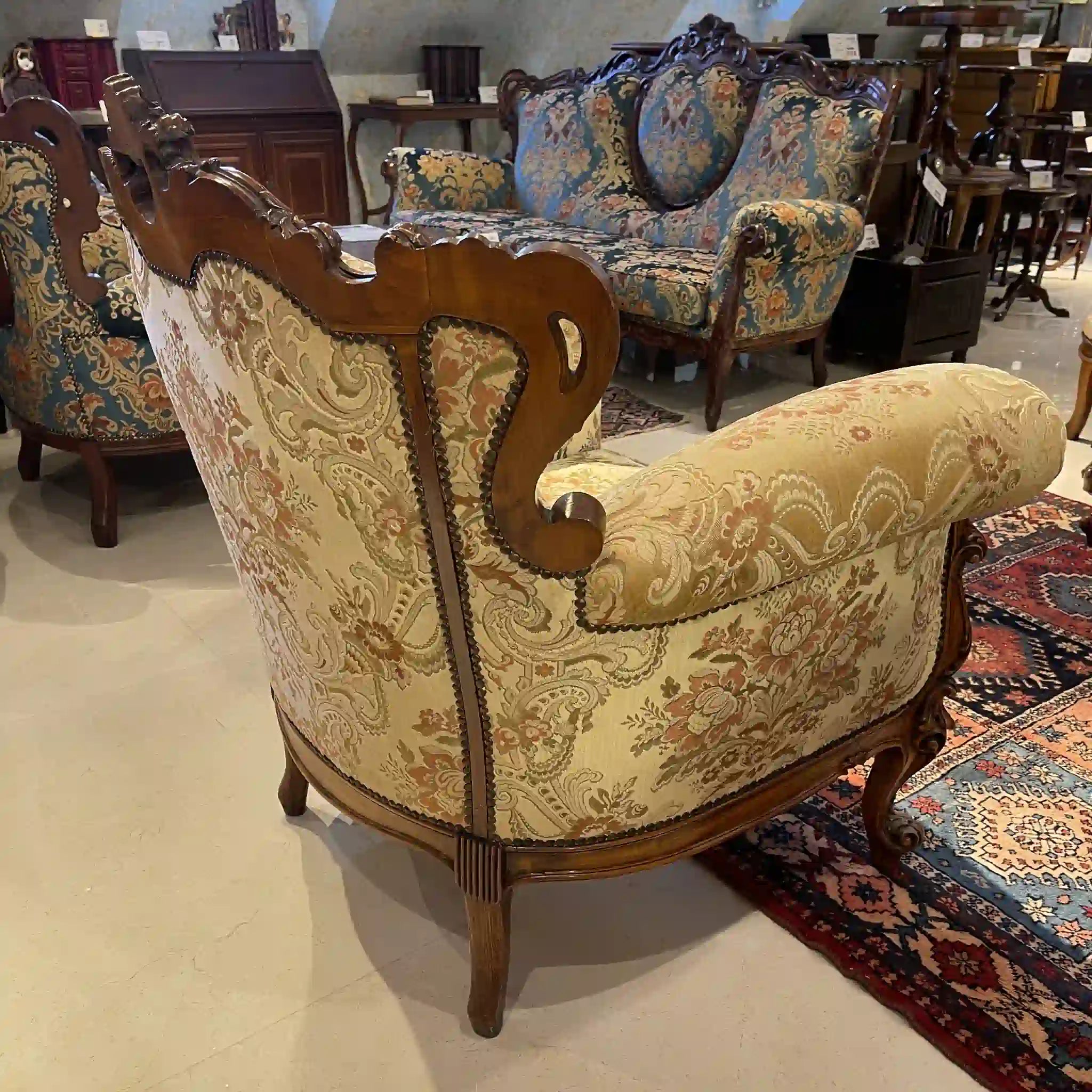 【リユース】 ソファセット / 天然木 / イタリア / アンティーク調,ロココ様式ハンドカービング,金華山織