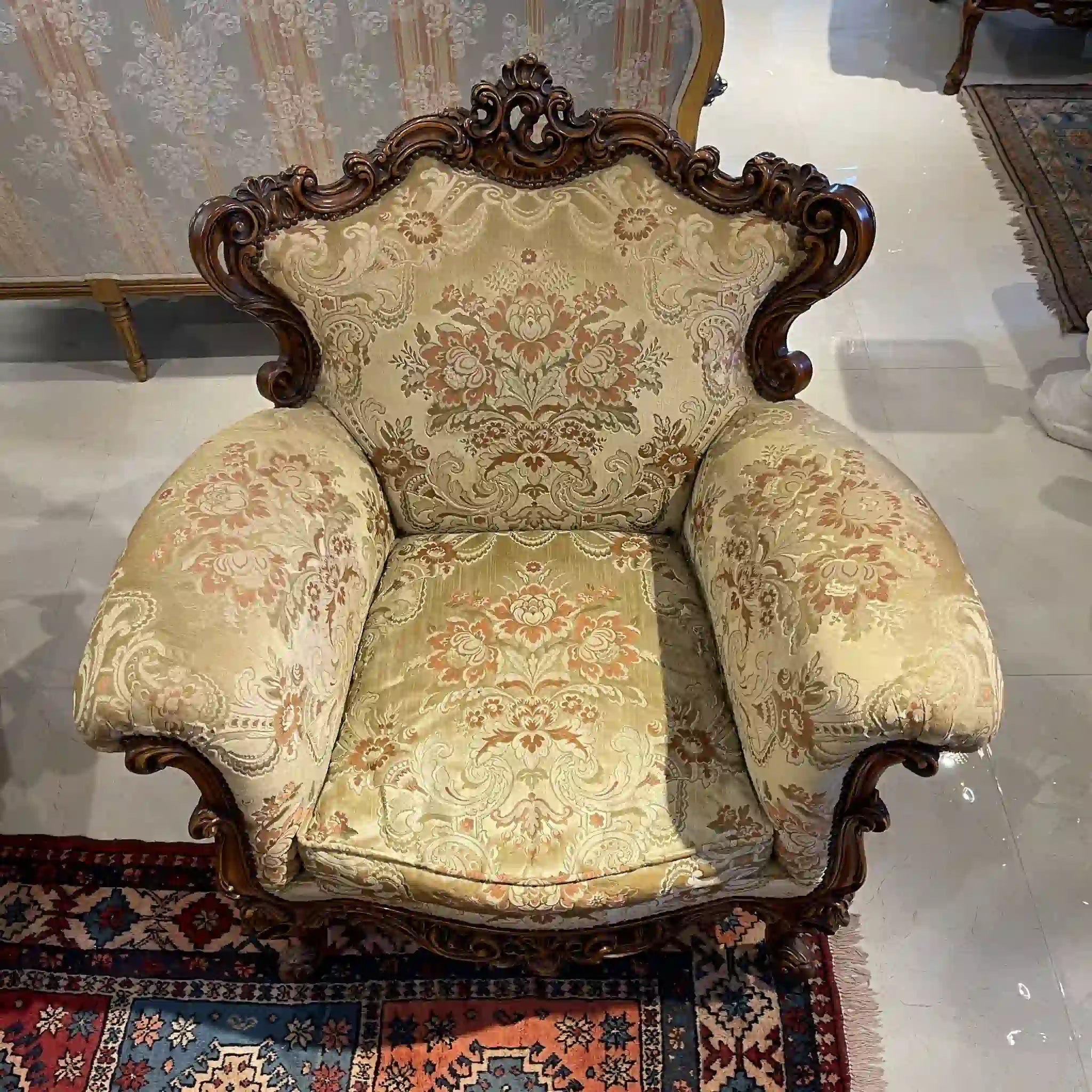 【リユース】 ソファセット / 天然木 / イタリア / アンティーク調,ロココ様式ハンドカービング,金華山織