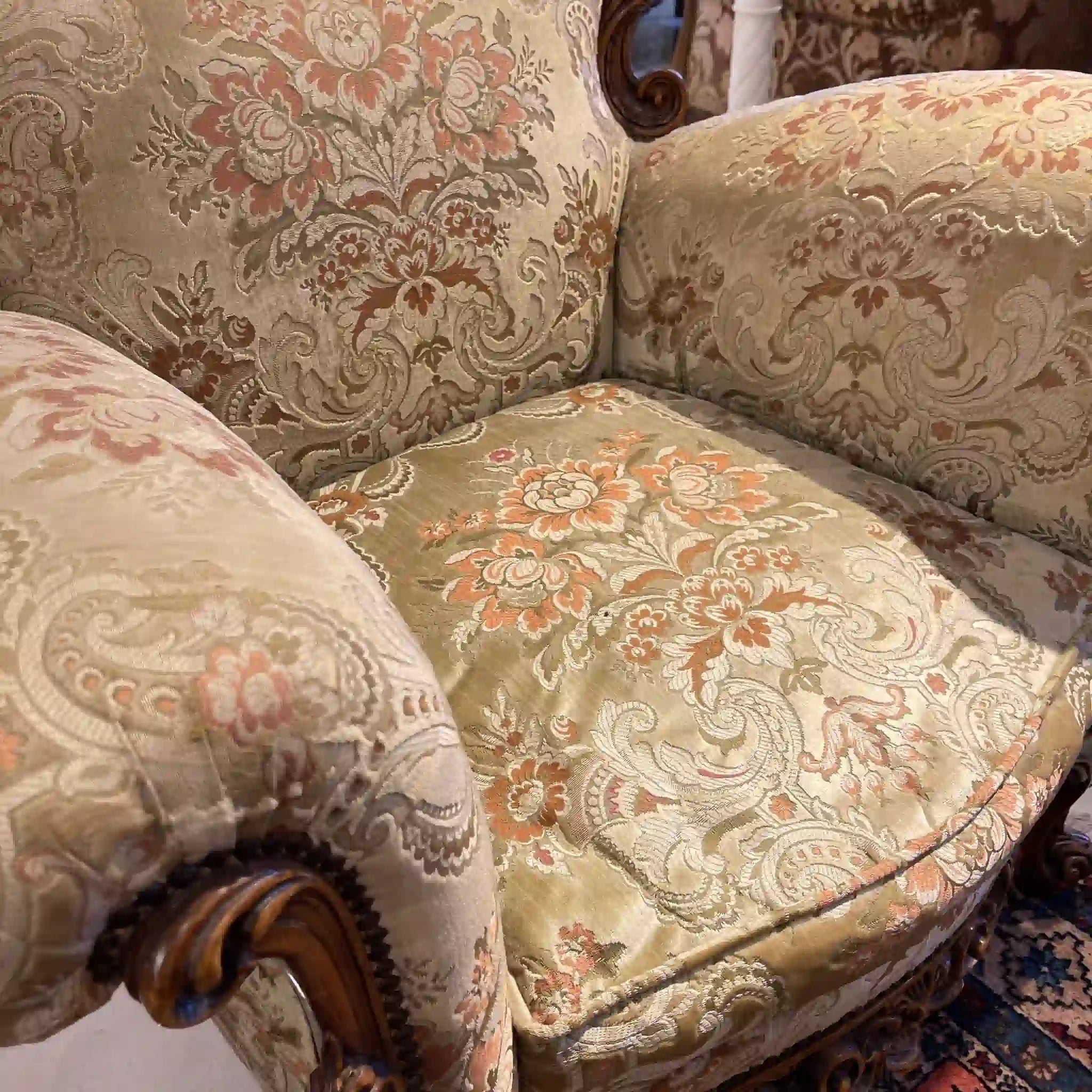 【リユース】 ソファセット / 天然木 / イタリア / アンティーク調,ロココ様式ハンドカービング,金華山織