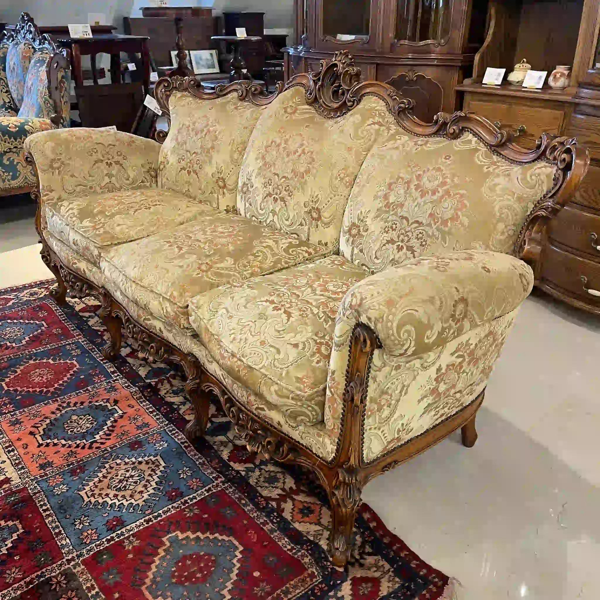 【リユース】 ソファセット / 天然木 / イタリア / アンティーク調,ロココ様式ハンドカービング,金華山織