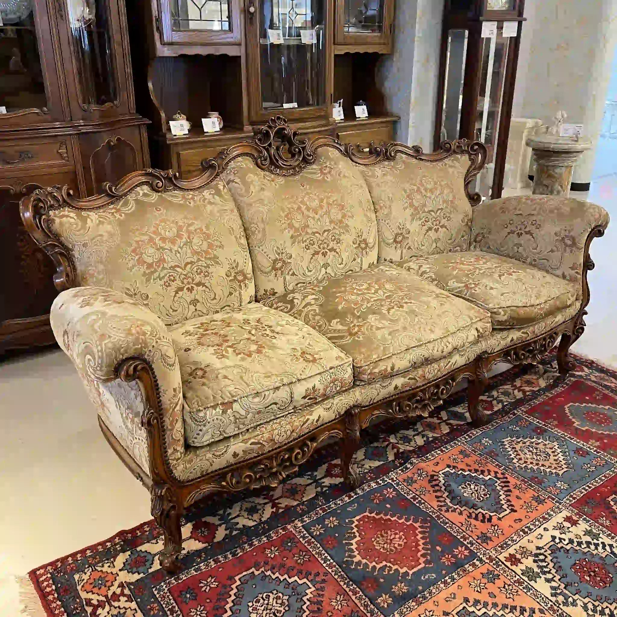 【リユース】 ソファセット / 天然木 / イタリア / アンティーク調,ロココ様式ハンドカービング,金華山織