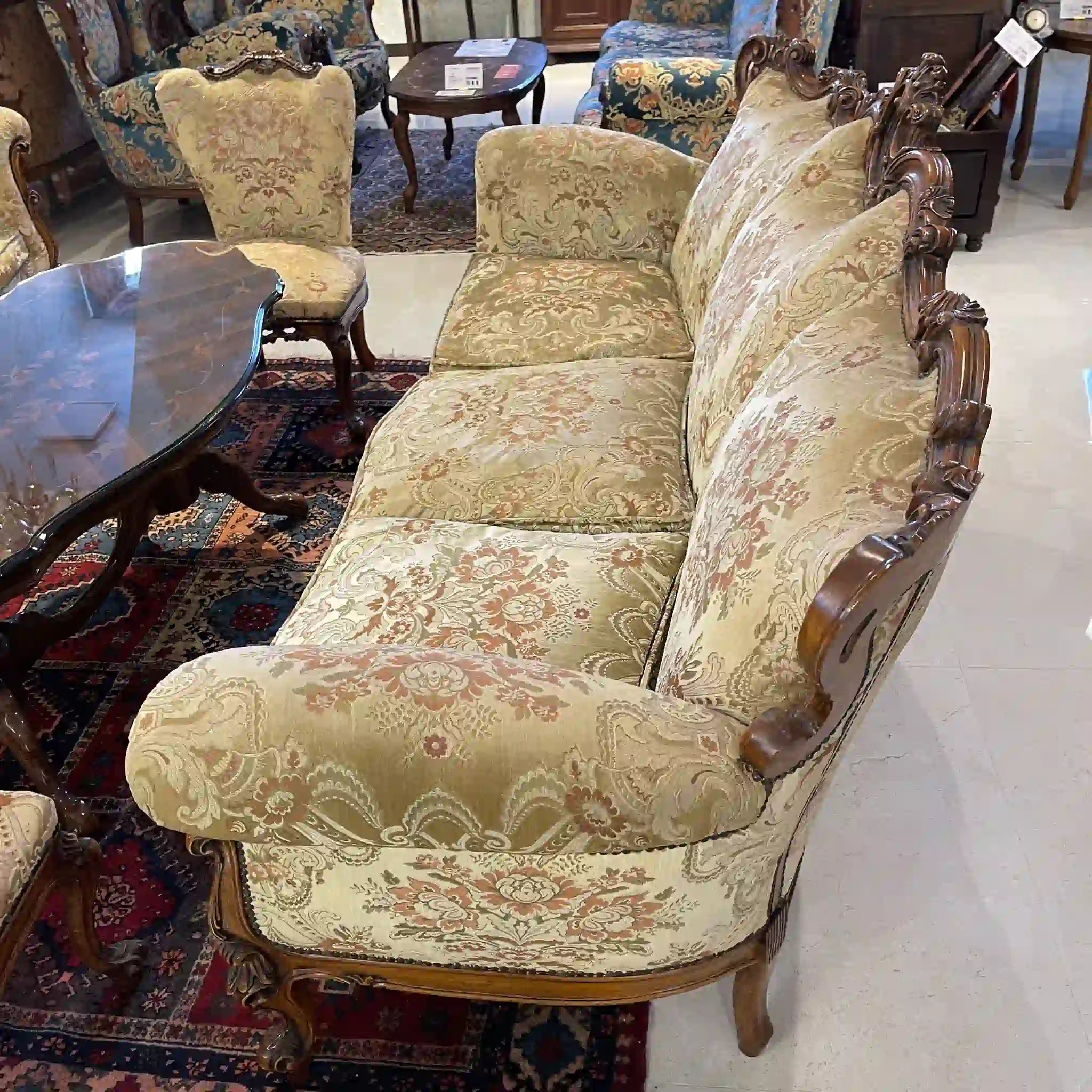 【リユース】 ソファセット / 天然木 / イタリア / アンティーク調,ロココ様式ハンドカービング,金華山織