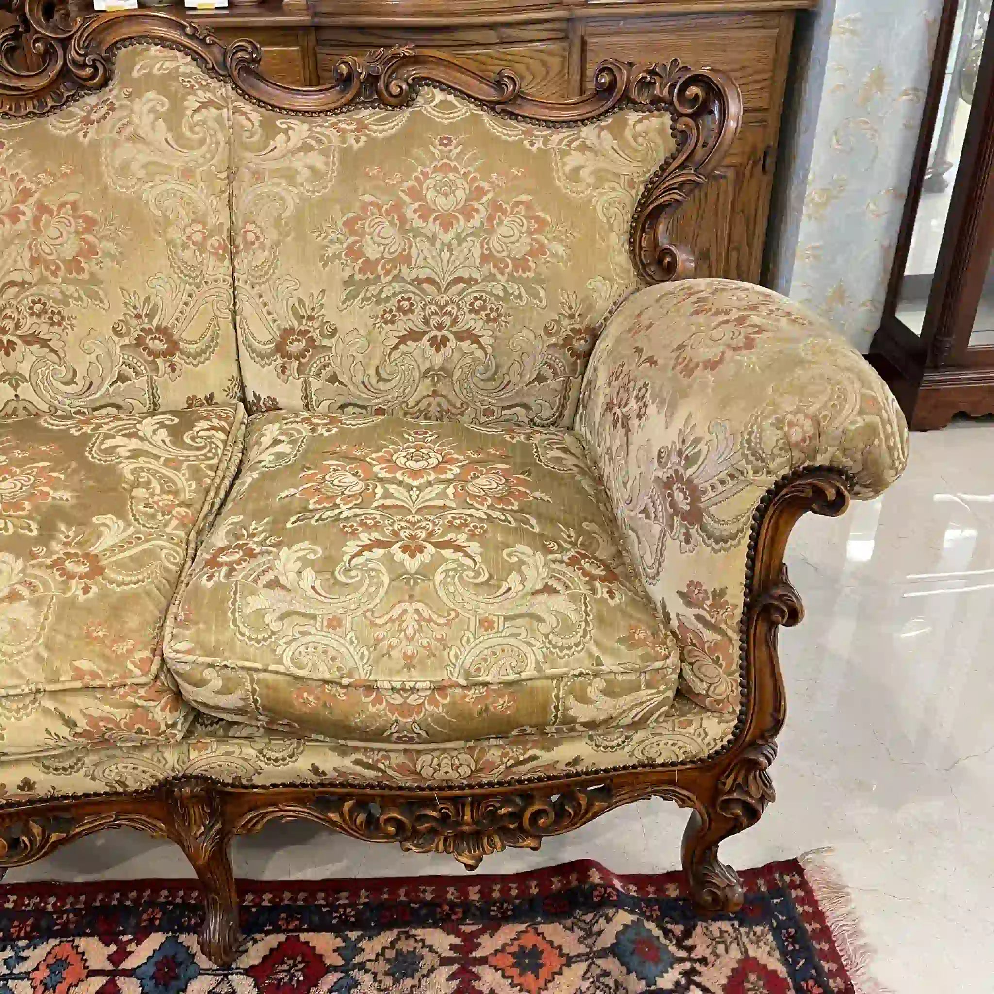 【リユース】 ソファセット / 天然木 / イタリア / アンティーク調,ロココ様式ハンドカービング,金華山織