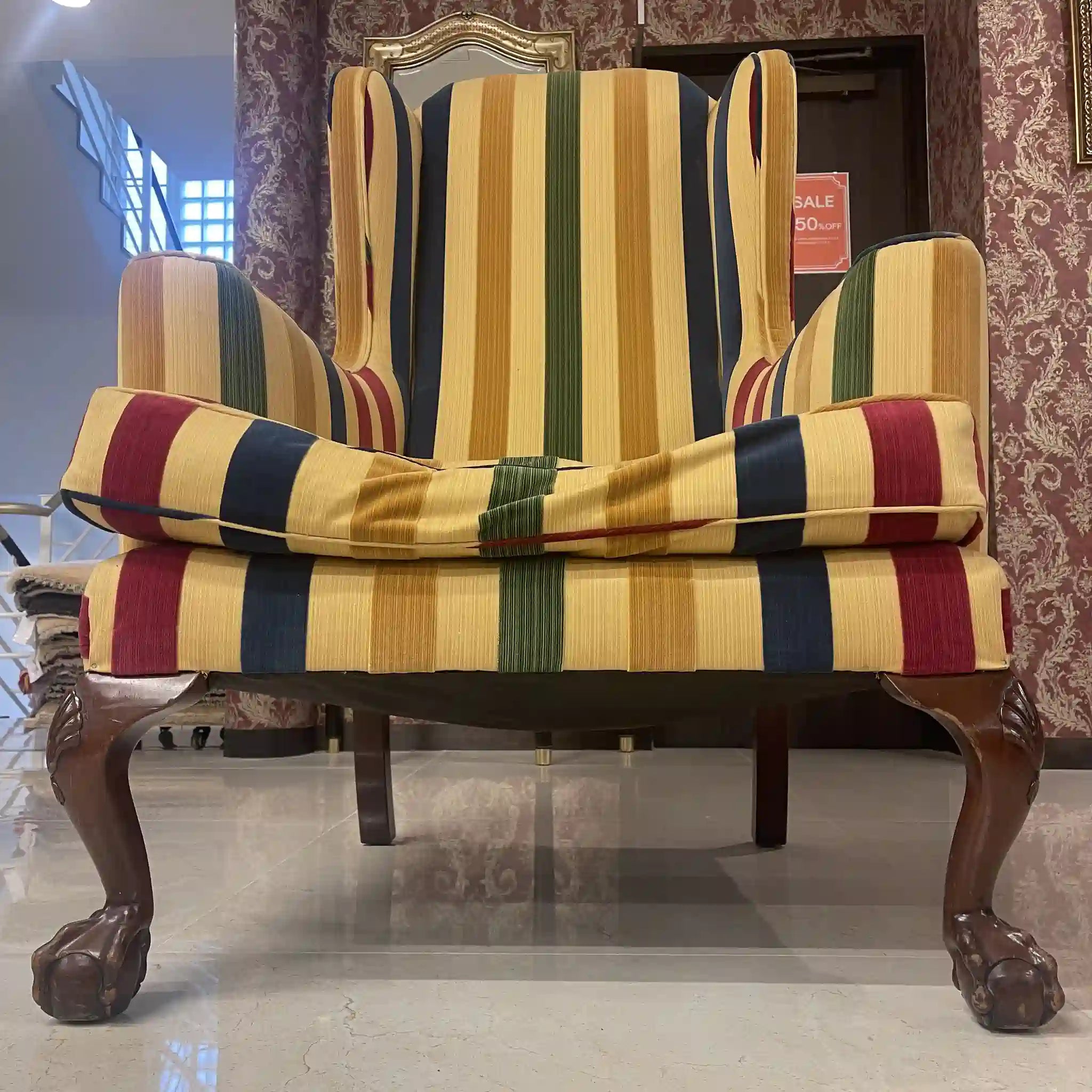 【アンティーク】 ウィングソファ 1P / ジョージアン様式 / 20世紀後期（推定） / ビーチ材 / イギリス / マルチストライプ柄, クロウ＆ボールフット