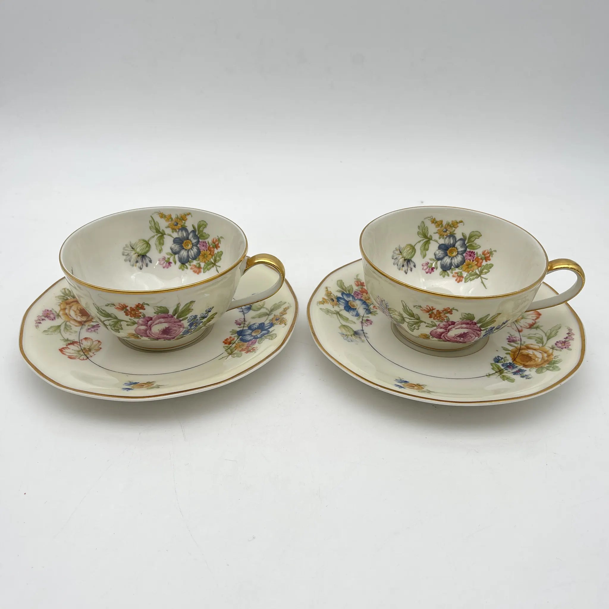 【古董】茶杯&茶托2p / Theodore Haviland（西奥多阿比兰）/ Nosegay /估计20c早中期/瓷器/法国/花束，金色