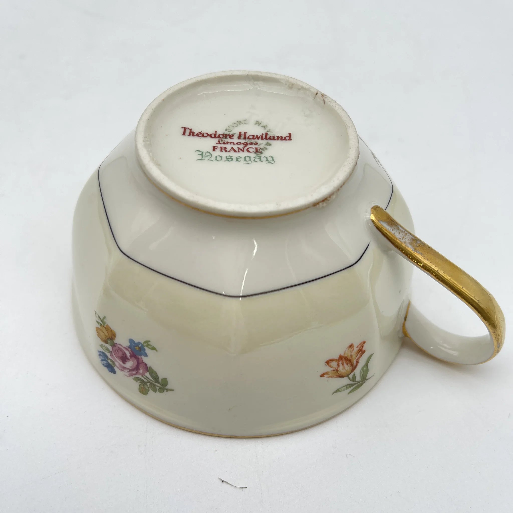 [Antique] Tea cup and saucer 2P / Theodore Haviland / Nosegay / Estimated early mid-20C / Porcelain / France / Bouquet, gold