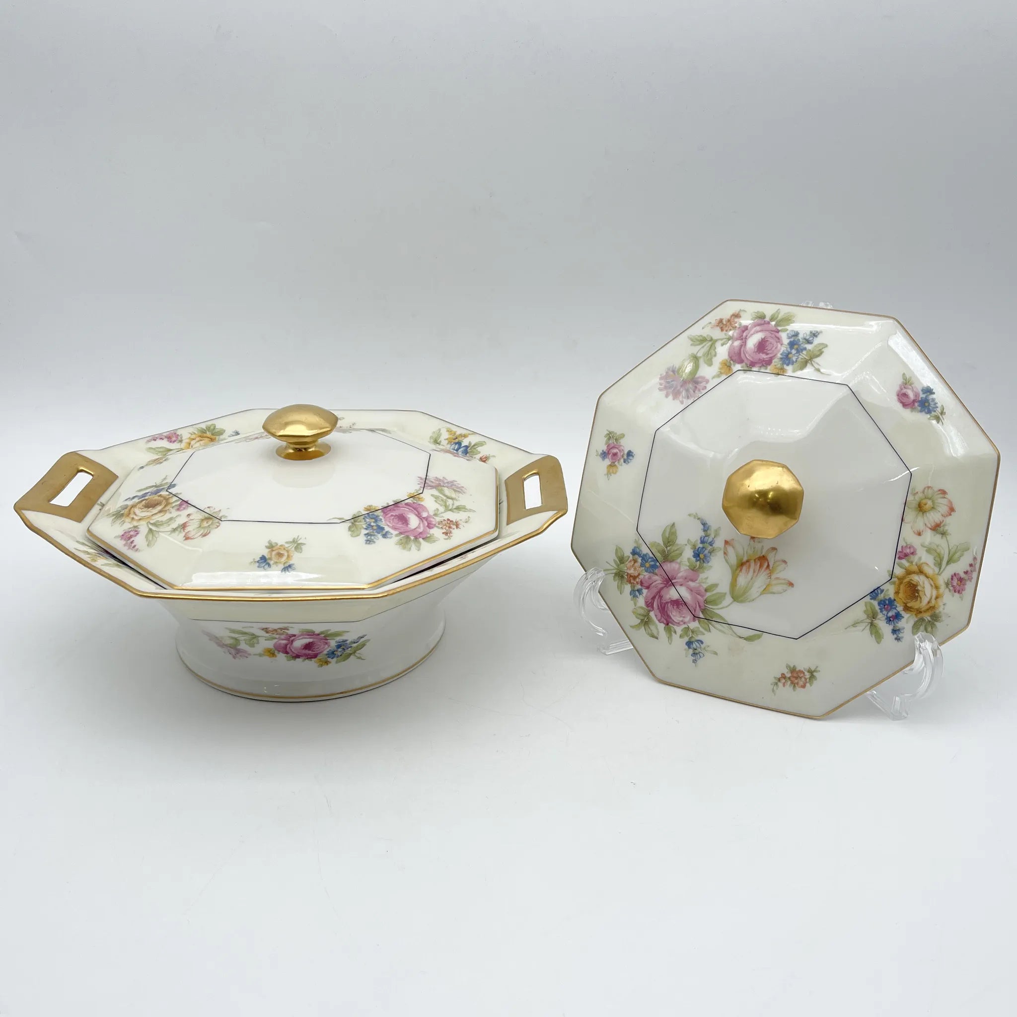 【古董】带盖的蔬菜菜/ Theodore Haviland（西奥多阿比兰）/ Nosegay /估计20c早中期/瓷器/法国/花束，金色， 八角形