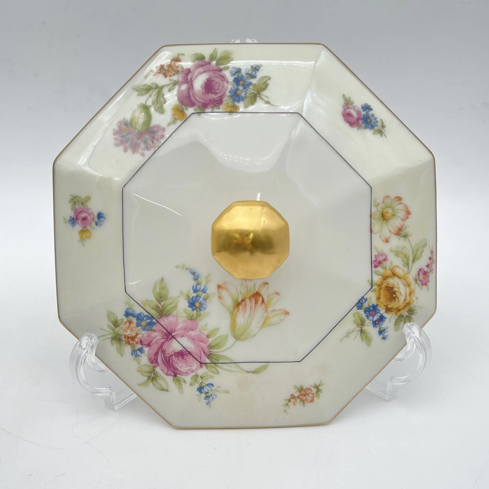 [Antique] Vegetable dish with lid / Theodore Haviland / Nosegay / Estimated early middle 20C / Porcelain / France / Bouquet, gold, octagon