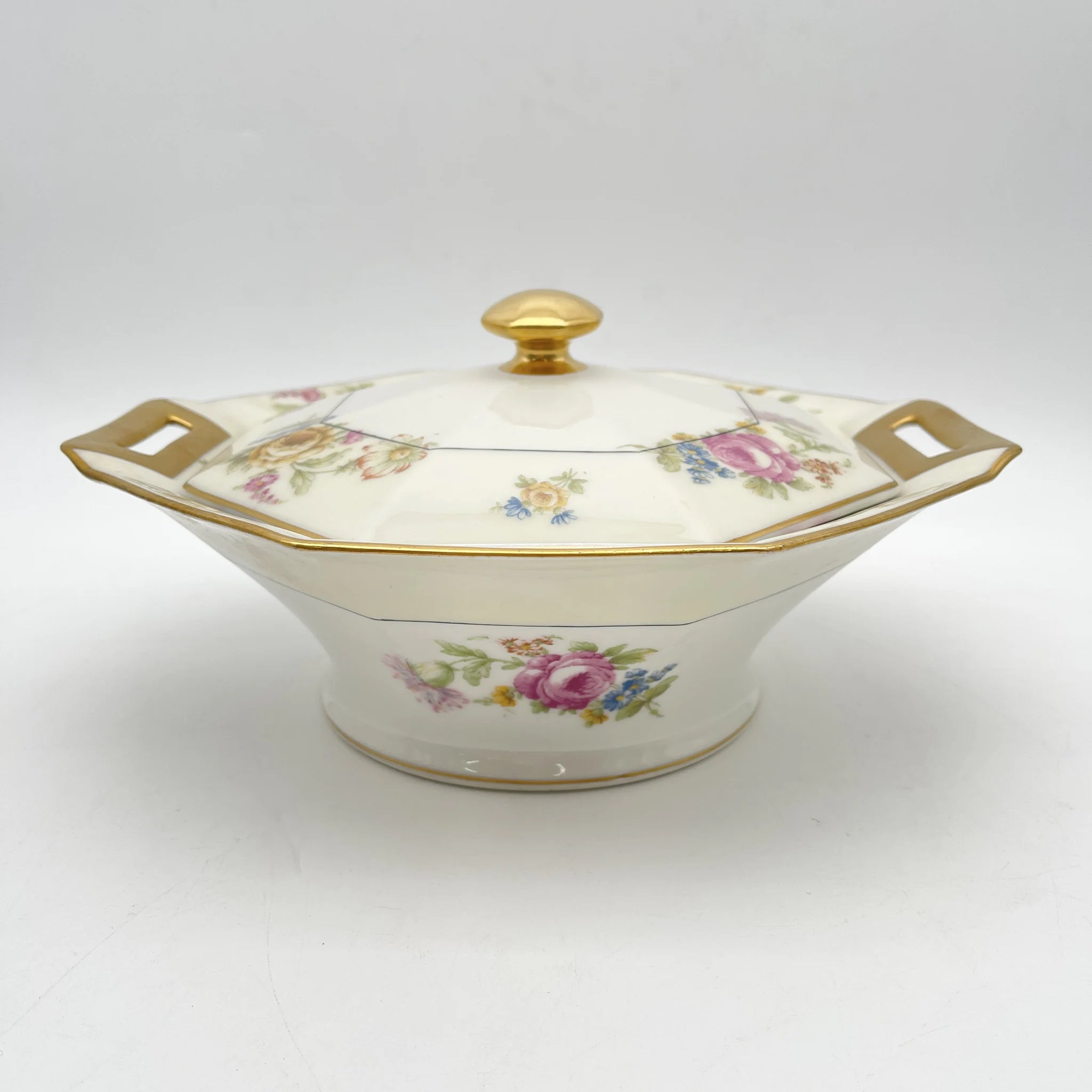 [Antique] Vegetable dish with lid / Theodore Haviland / Nosegay / Estimated early middle 20C / Porcelain / France / Bouquet, gold, octagon