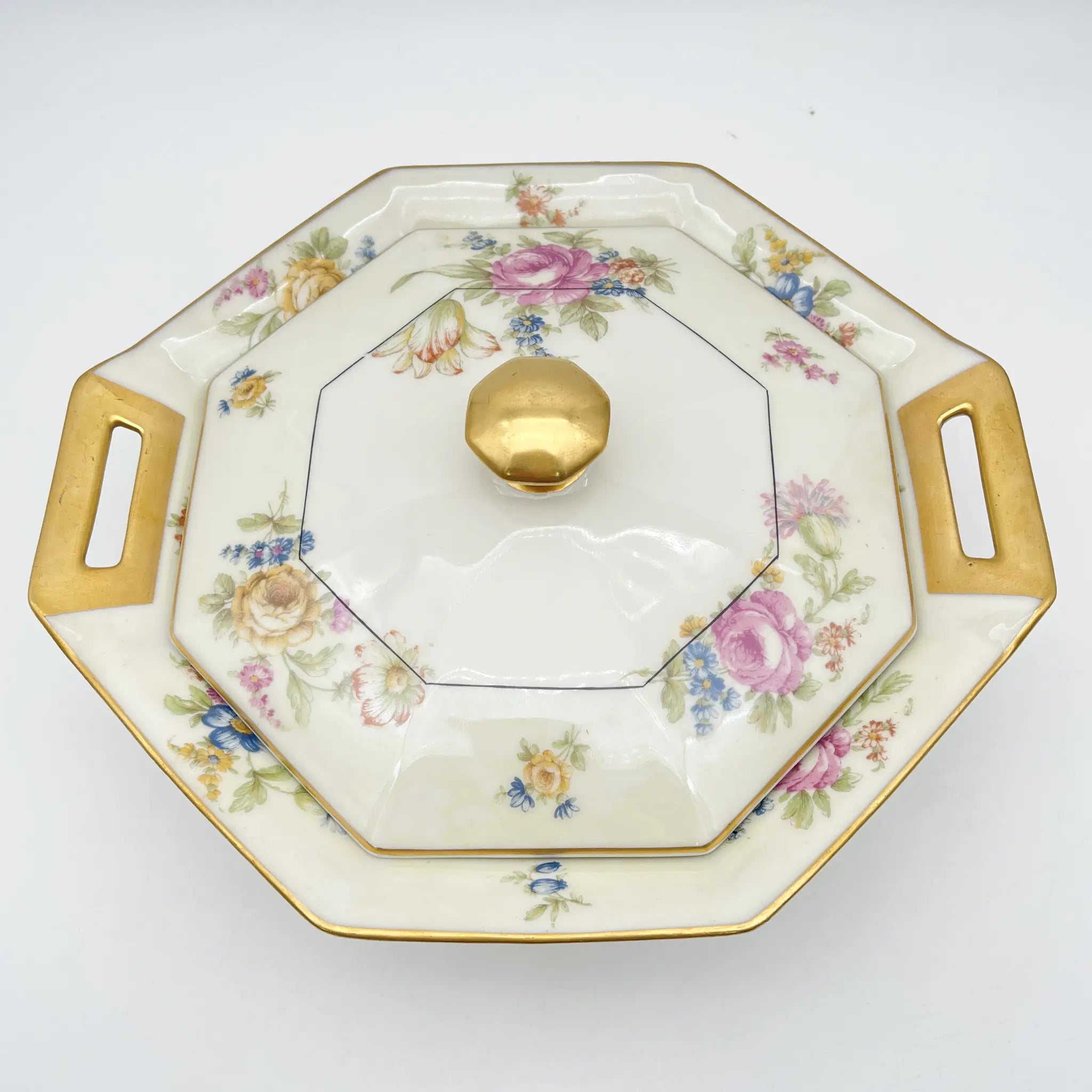 [Antique] Vegetable dish with lid / Theodore Haviland / Nosegay / Estimated early middle 20C / Porcelain / France / Bouquet, gold, octagon
