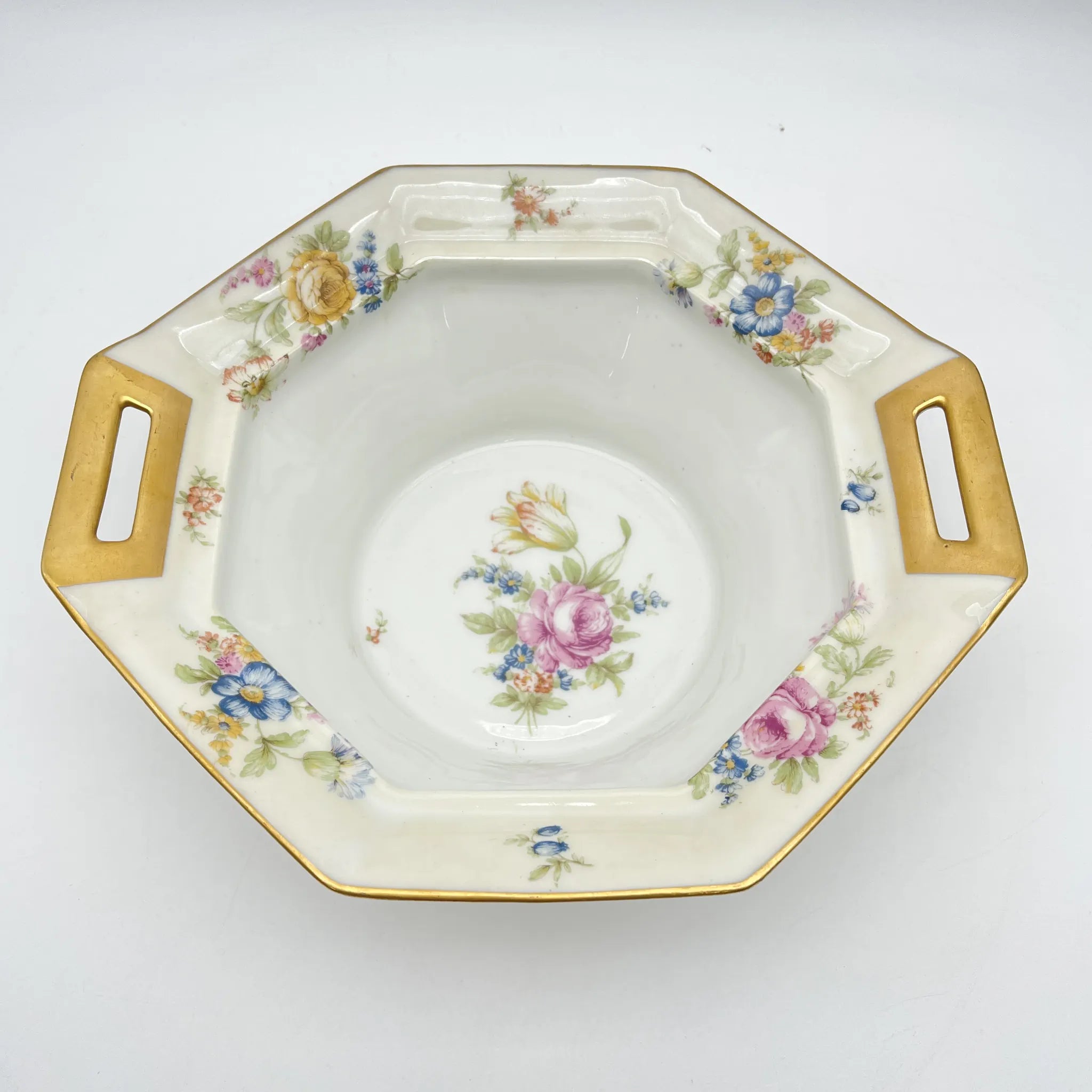 [Antique] Vegetable dish with lid / Theodore Haviland / Nosegay / Estimated early middle 20C / Porcelain / France / Bouquet, gold, octagon