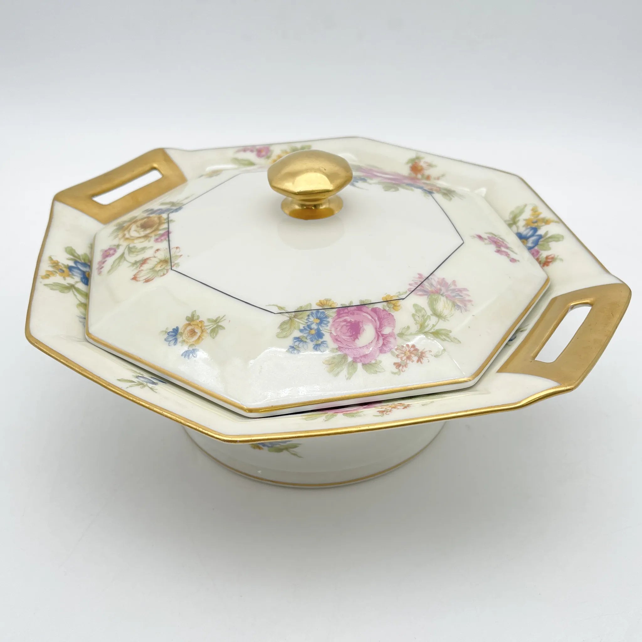 [Antique] Vegetable dish with lid / Theodore Haviland / Nosegay / Estimated early middle 20C / Porcelain / France / Bouquet, gold, octagon