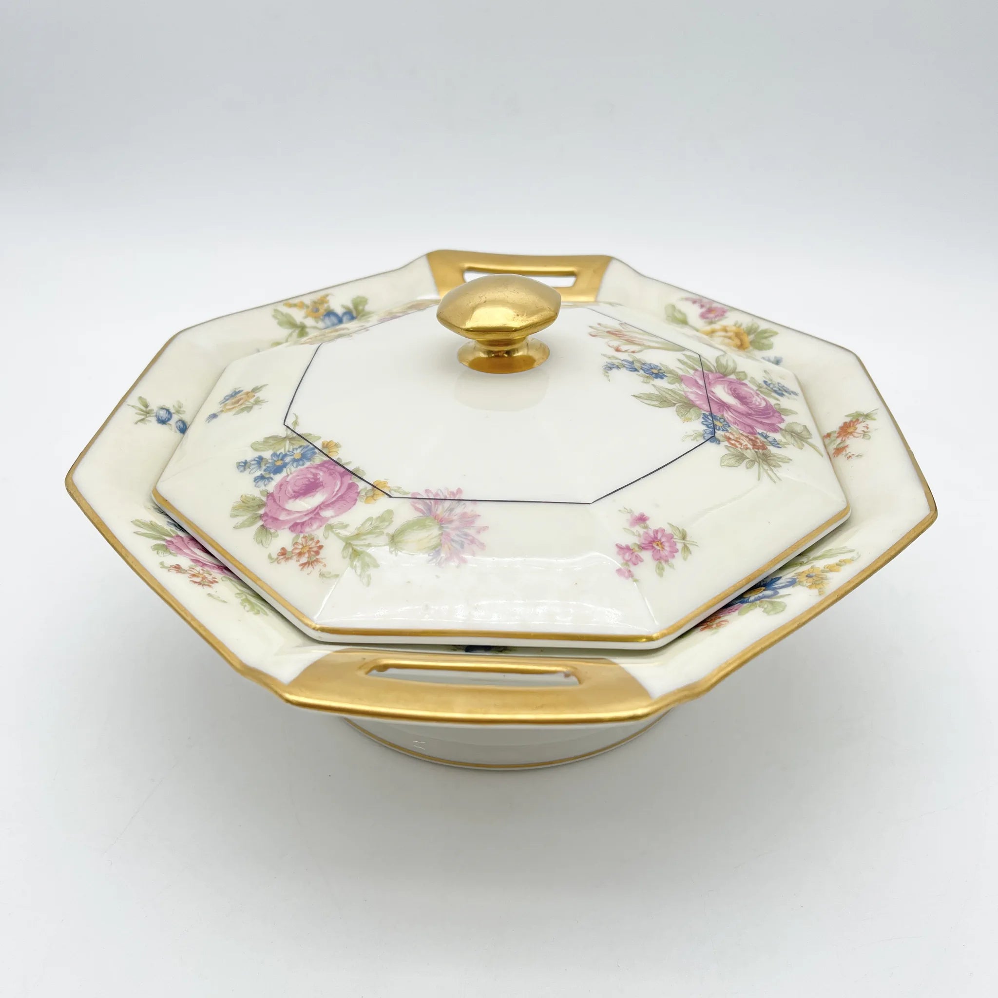 [Antique] Vegetable dish with lid / Theodore Haviland / Nosegay / Estimated early middle 20C / Porcelain / France / Bouquet, gold, octagon