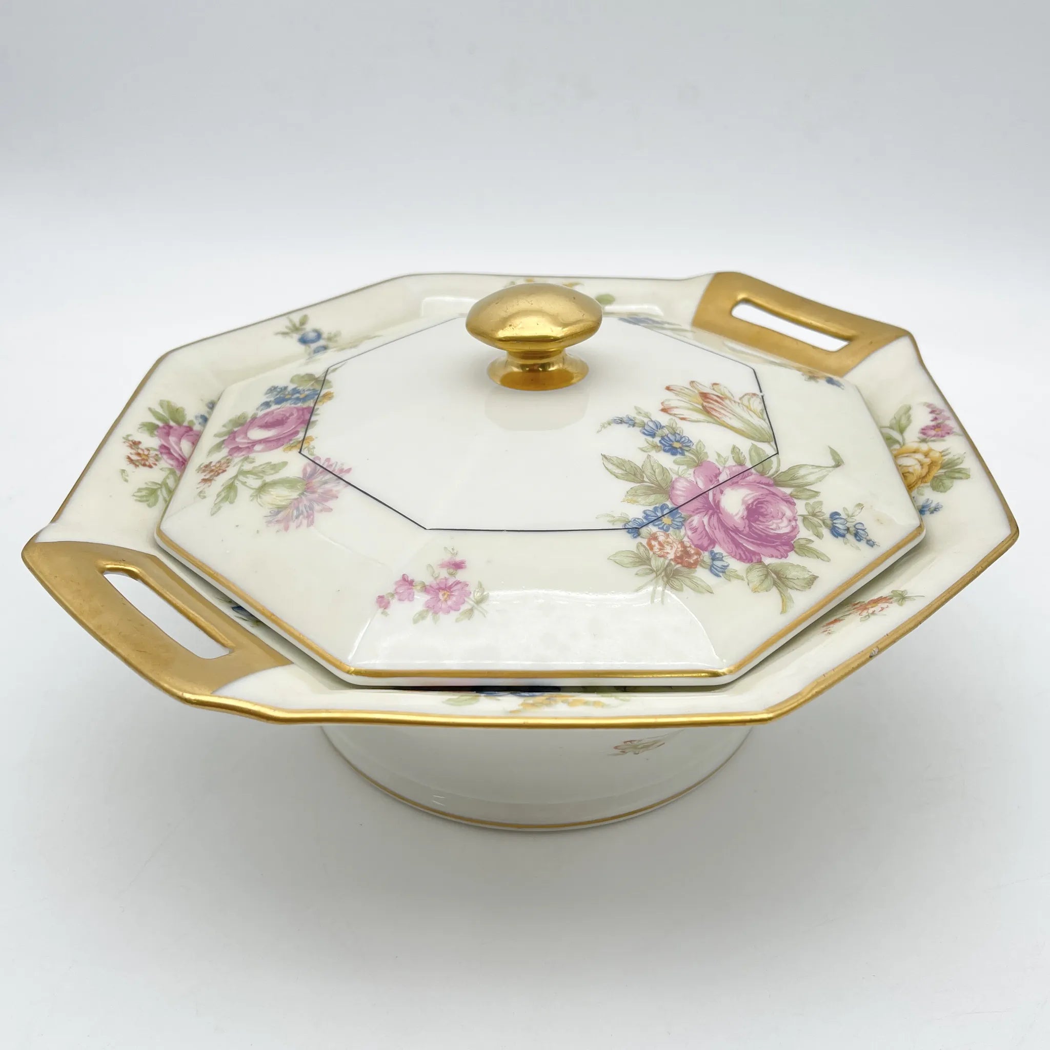 [Antique] Vegetable dish with lid / Theodore Haviland / Nosegay / Estimated early middle 20C / Porcelain / France / Bouquet, gold, octagon