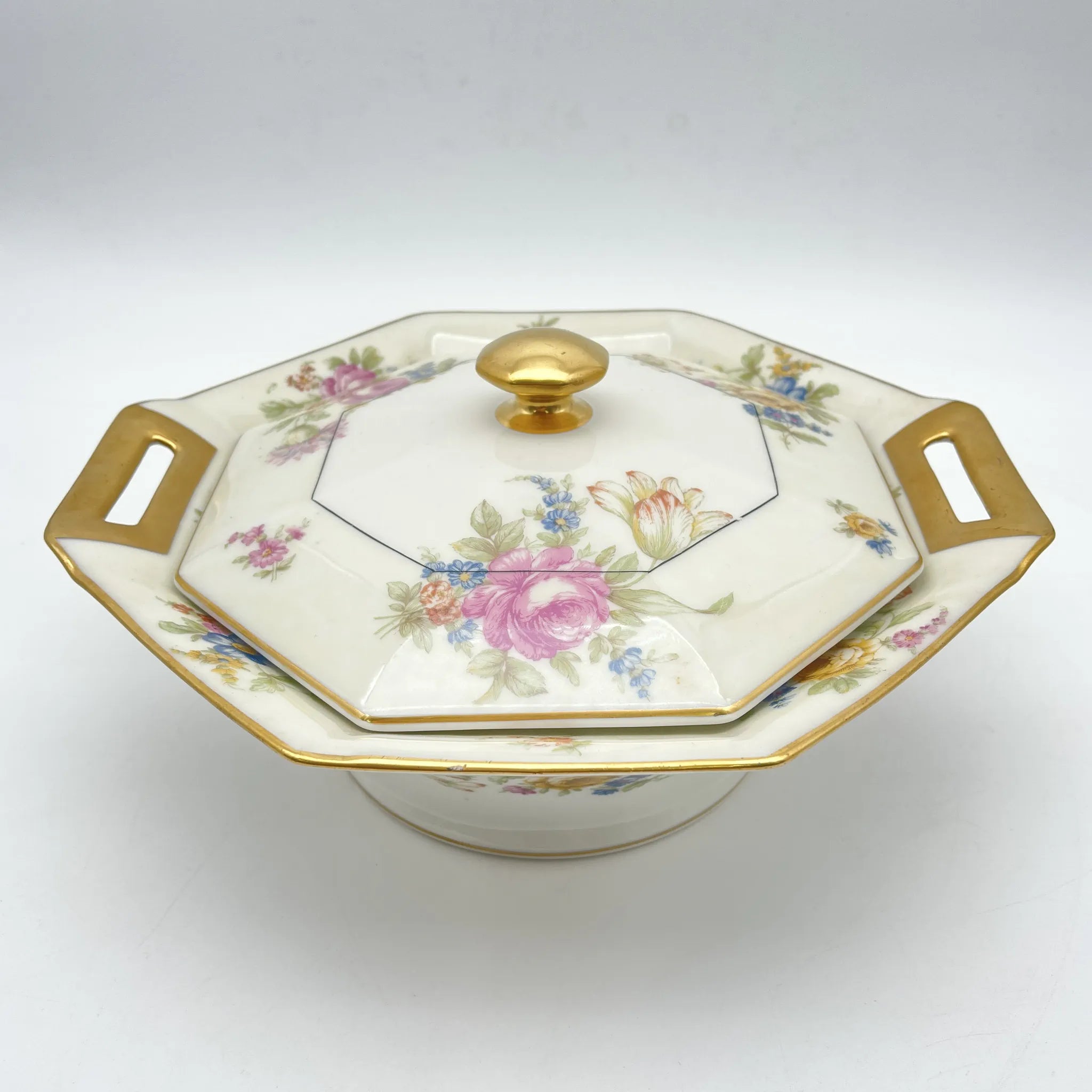 [Antique] Vegetable dish with lid / Theodore Haviland / Nosegay / Estimated early middle 20C / Porcelain / France / Bouquet, gold, octagon