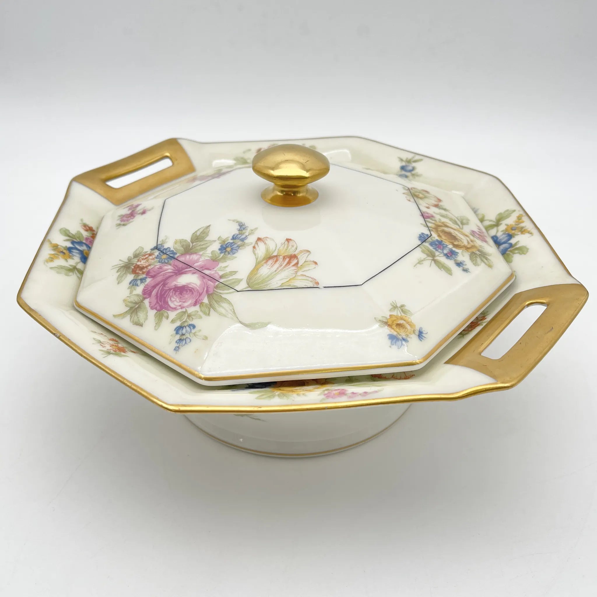 [Antique] Vegetable dish with lid / Theodore Haviland / Nosegay / Estimated early middle 20C / Porcelain / France / Bouquet, gold, octagon