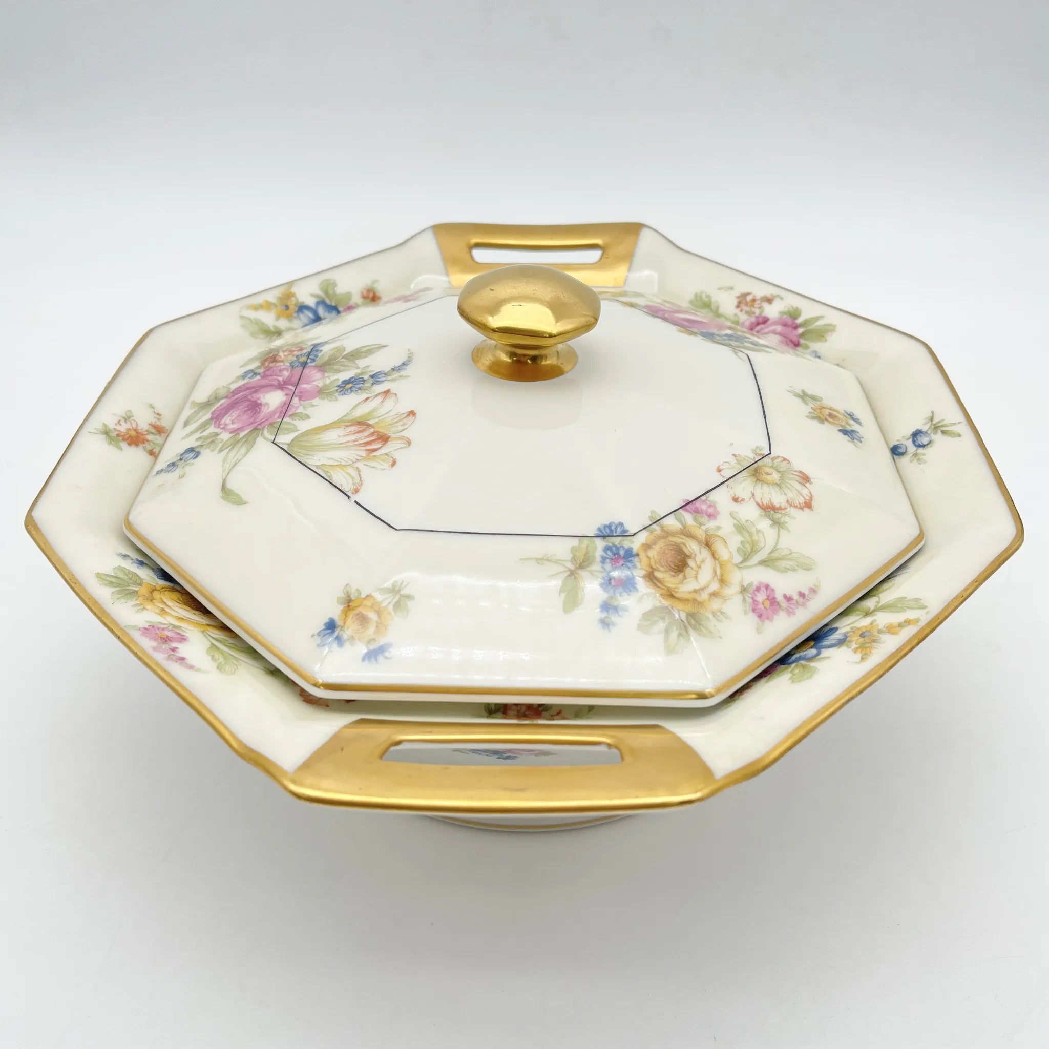 [Antique] Vegetable dish with lid / Theodore Haviland / Nosegay / Estimated early middle 20C / Porcelain / France / Bouquet, gold, octagon