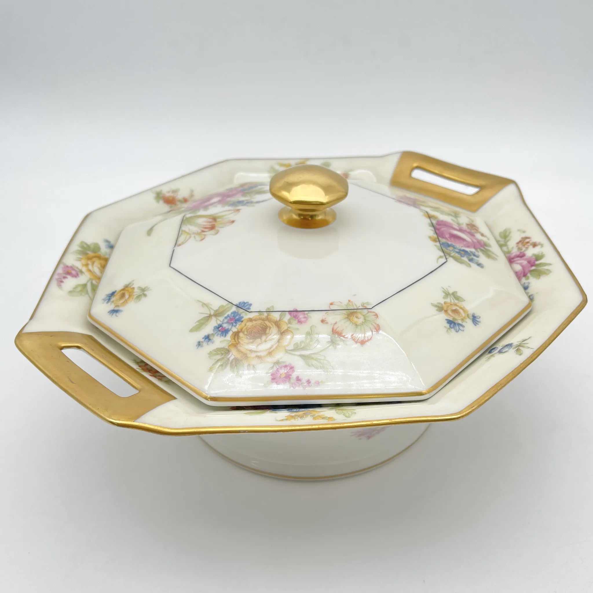 [Antique] Vegetable dish with lid / Theodore Haviland / Nosegay / Estimated early middle 20C / Porcelain / France / Bouquet, gold, octagon