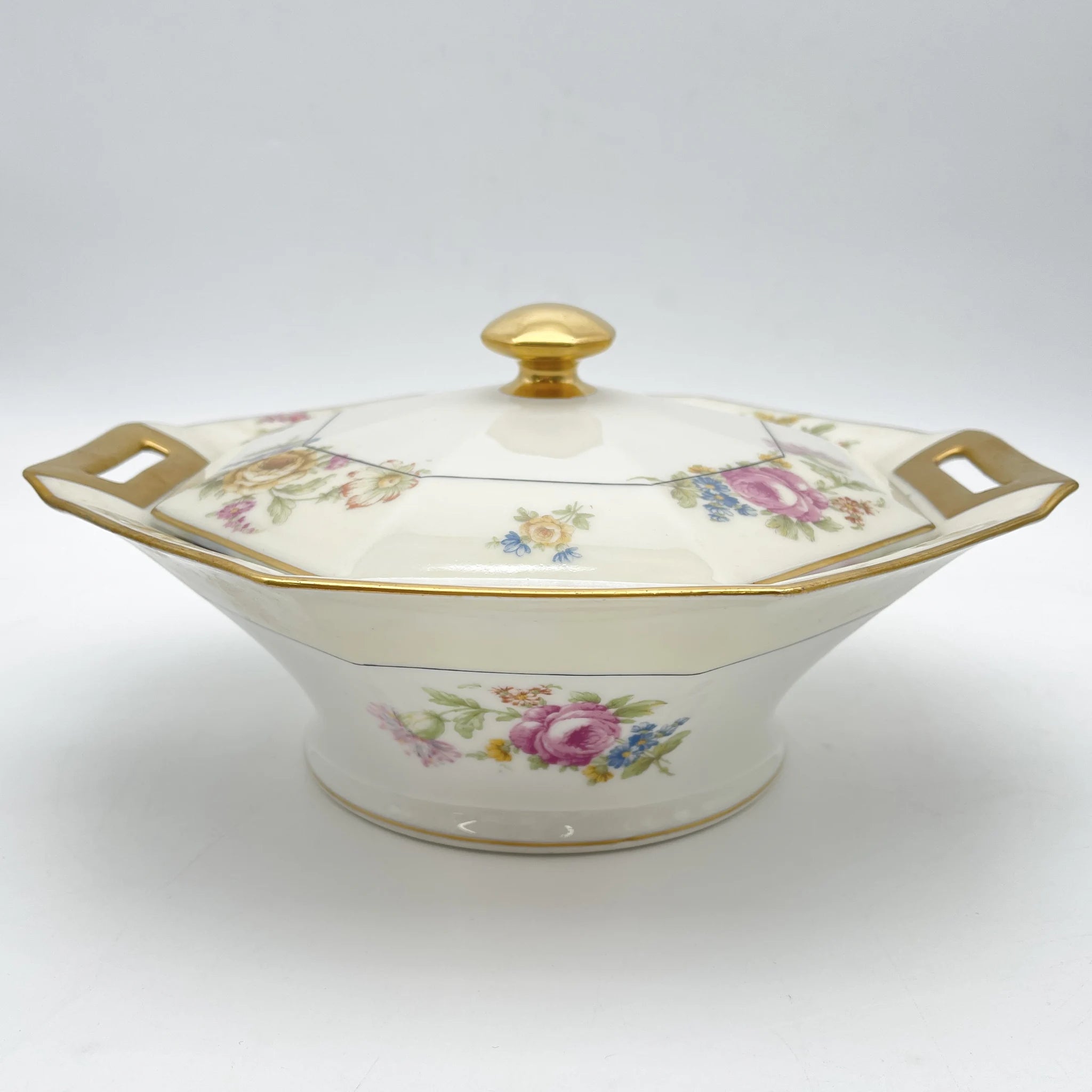 [Antique] Vegetable dish with lid / Theodore Haviland / Nosegay / Estimated early middle 20C / Porcelain / France / Bouquet, gold, octagon