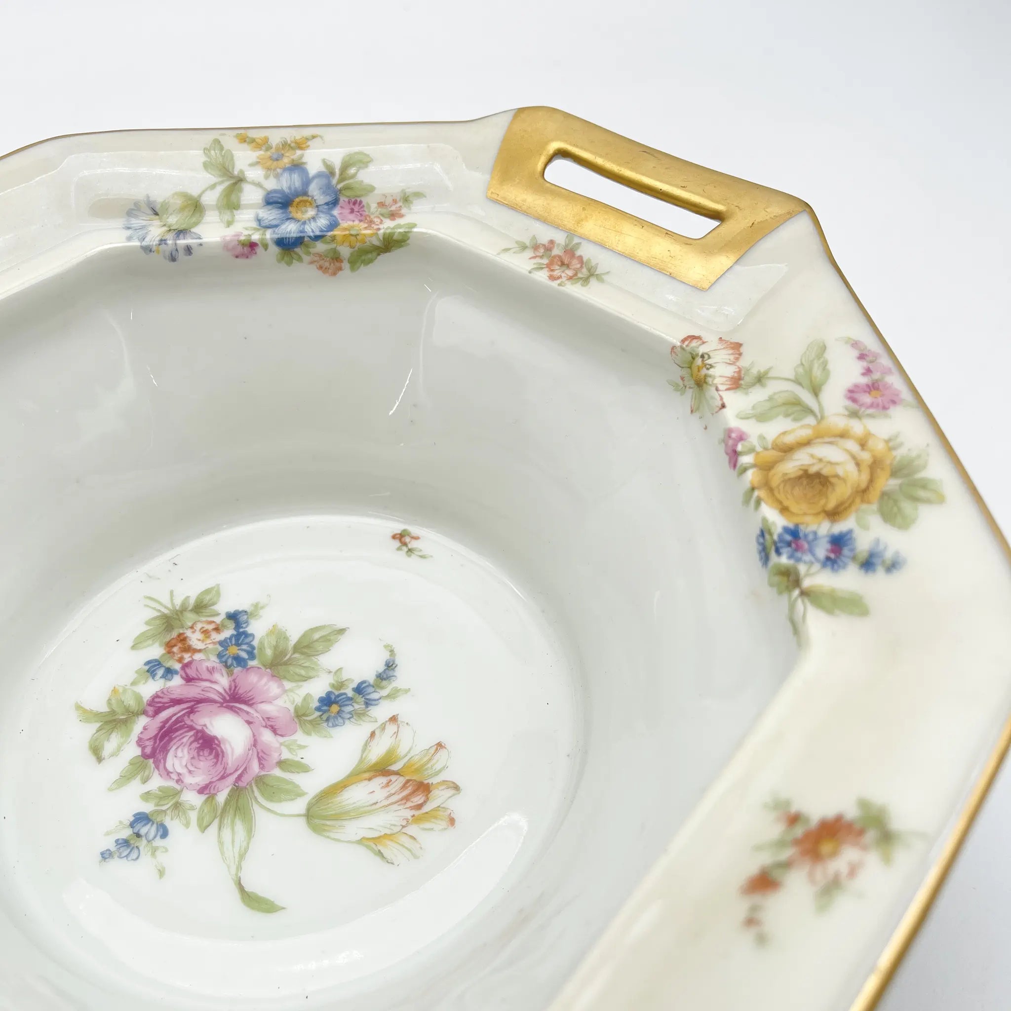 [Antique] Vegetable dish with lid / Theodore Haviland / Nosegay / Estimated early middle 20C / Porcelain / France / Bouquet, gold, octagon